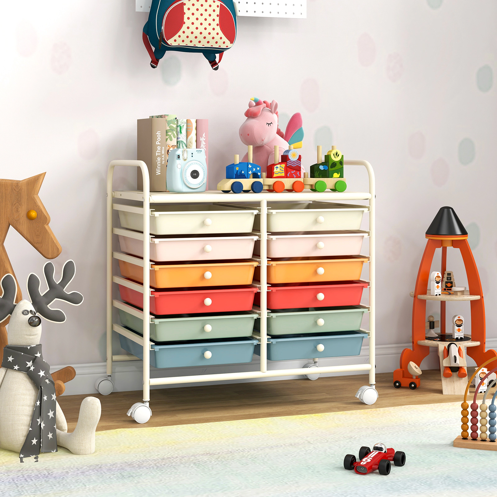 SUGIFT 12-Drawer Rolling Storage Cart with Removable Plastic Drawers on Wheels Macaron