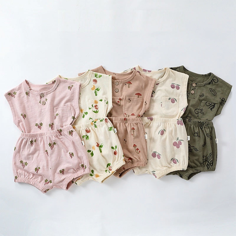 MyKids-USA Summer Baby Kids Unisex Floral/Fruit Printing Sleeveless Crew Neck Vest And Shorts Clothing Sets