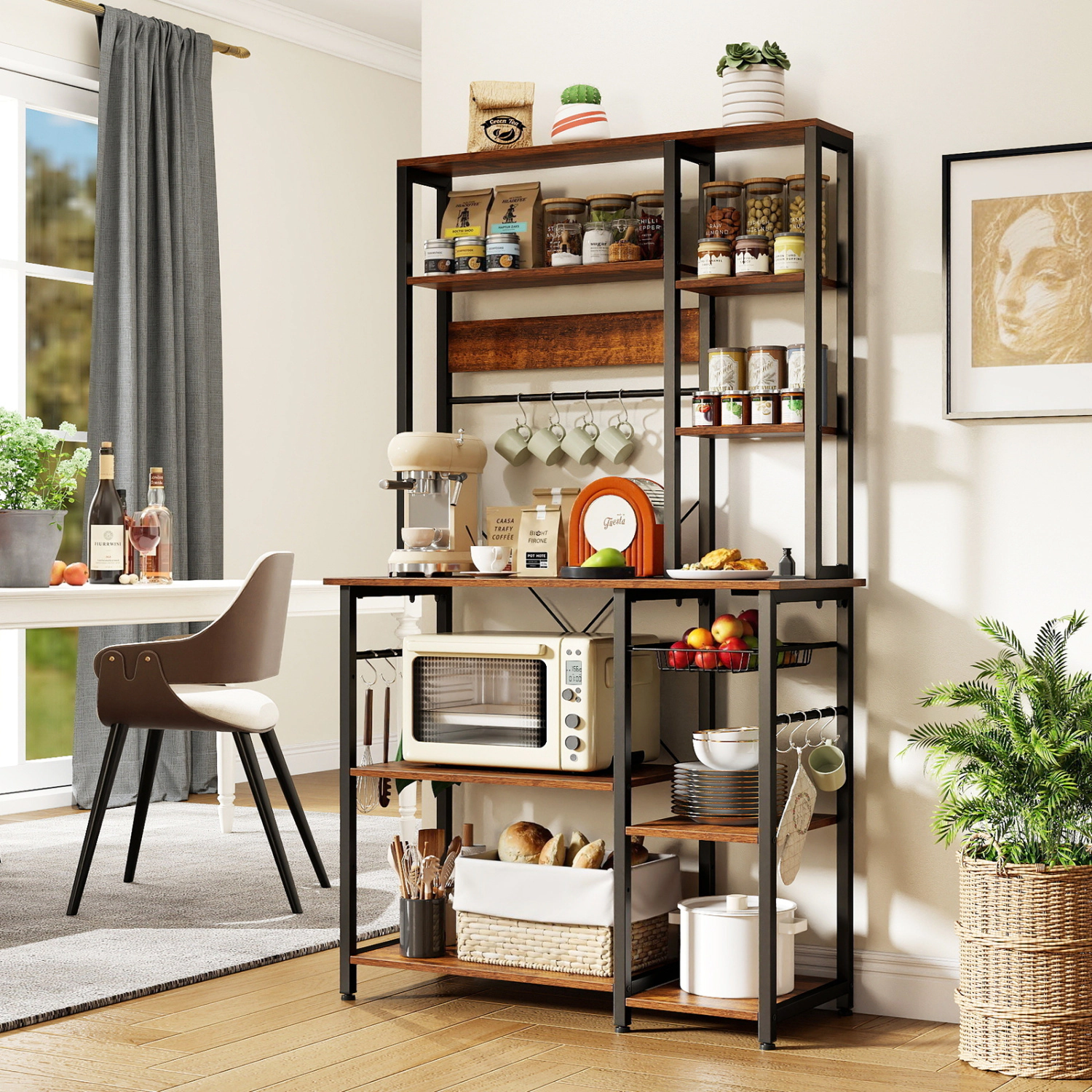 LJG 6-Tier Bakers Rack with Power Outlet Stand Wooden Open Shelves