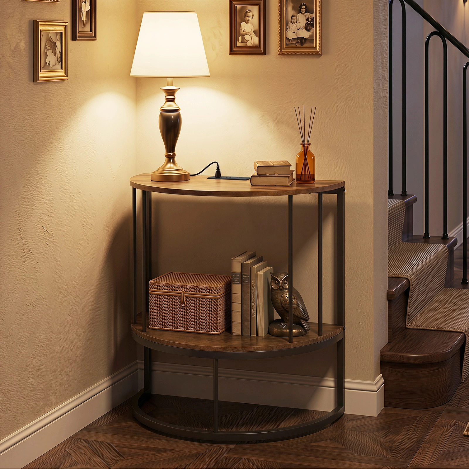 SUGIFT Half Moon Engineered Wood Metal Frame Charging Storage Console Table In Rustic Brown
