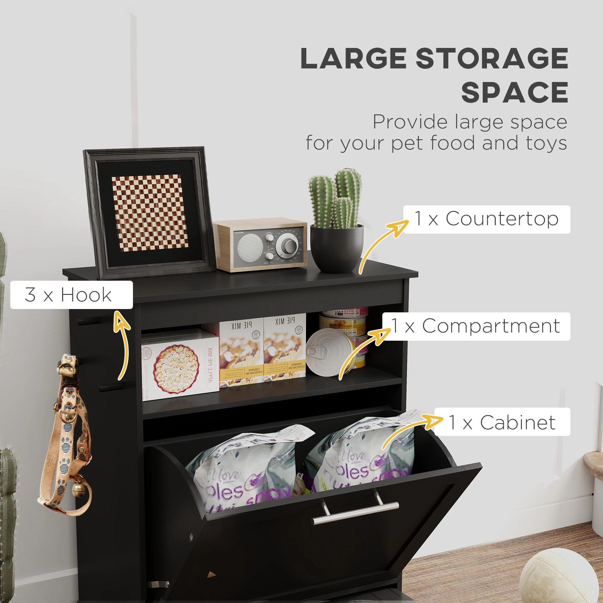 HONGGE Pet Feeder Station Storage Cabinet, Dog Food Container with Raised Bowls, Watering Supplies
