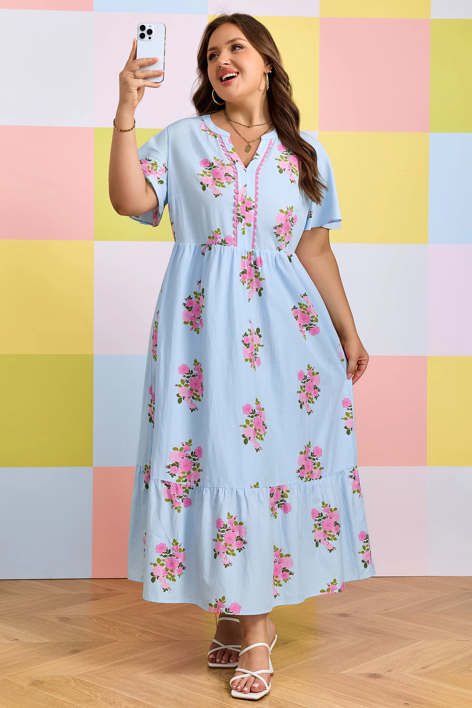 Threaded Pear Women's Lucy Print Scalloped Trim PLUS Dress