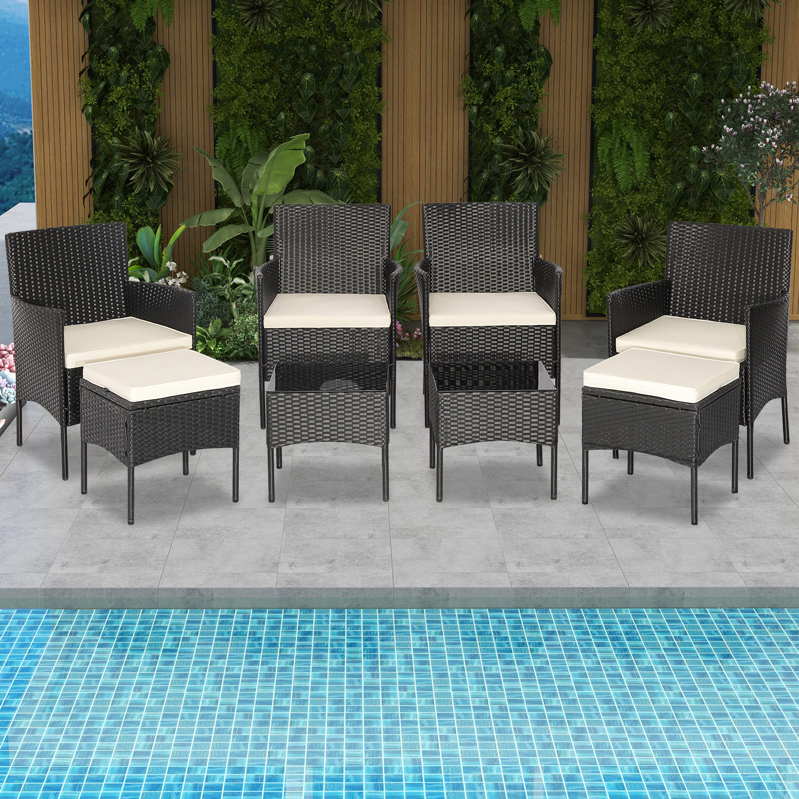 SUGIFT 2 Coffee Tables and 2 Ottomans 8-Piece Black Patio Wicker Conversation Set