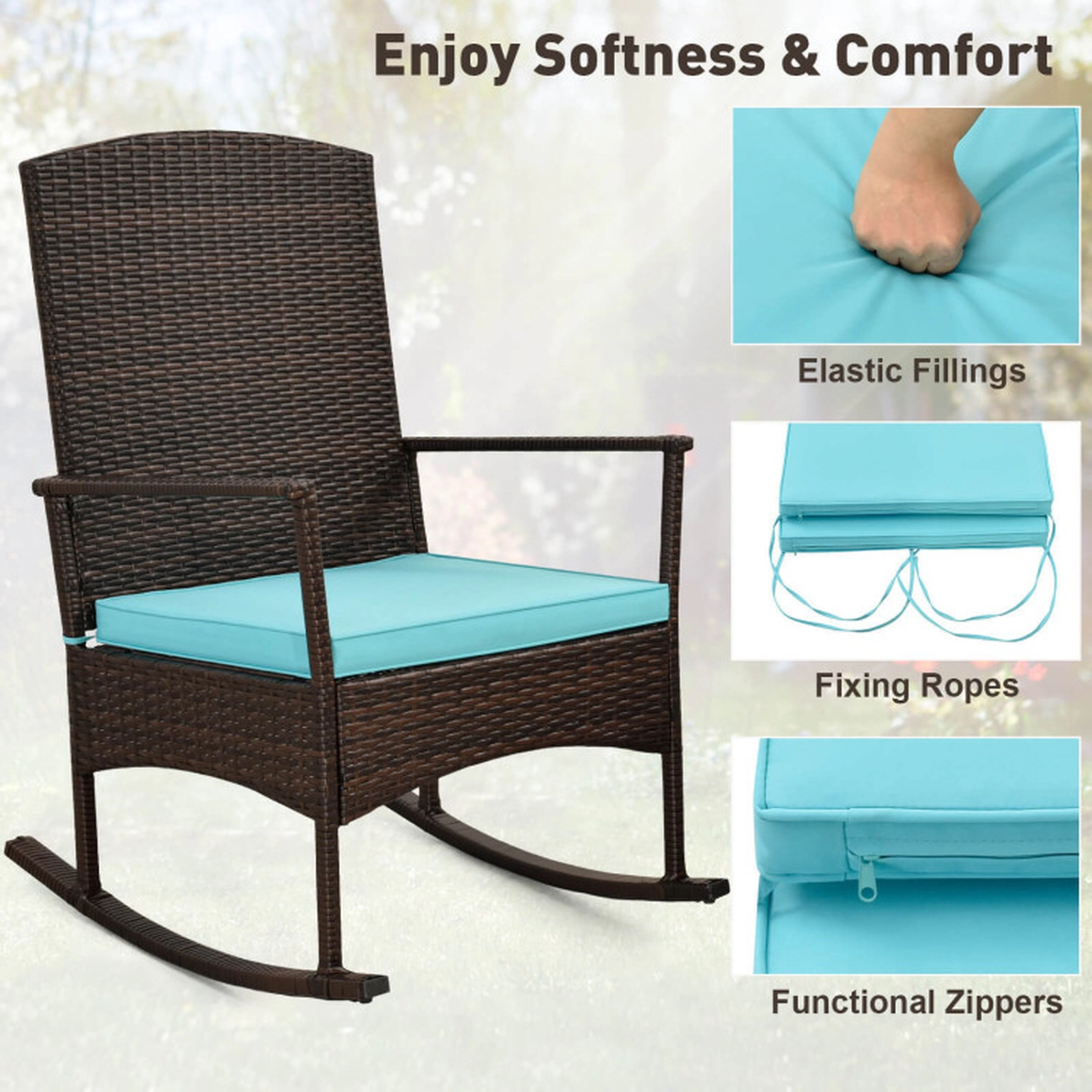 SUGIFT 3-Piece Turquoise Patio Wicker Rocking Chair Set with 2-Tier Glass Table 18-in Seat H 400-lb Chair Capacity