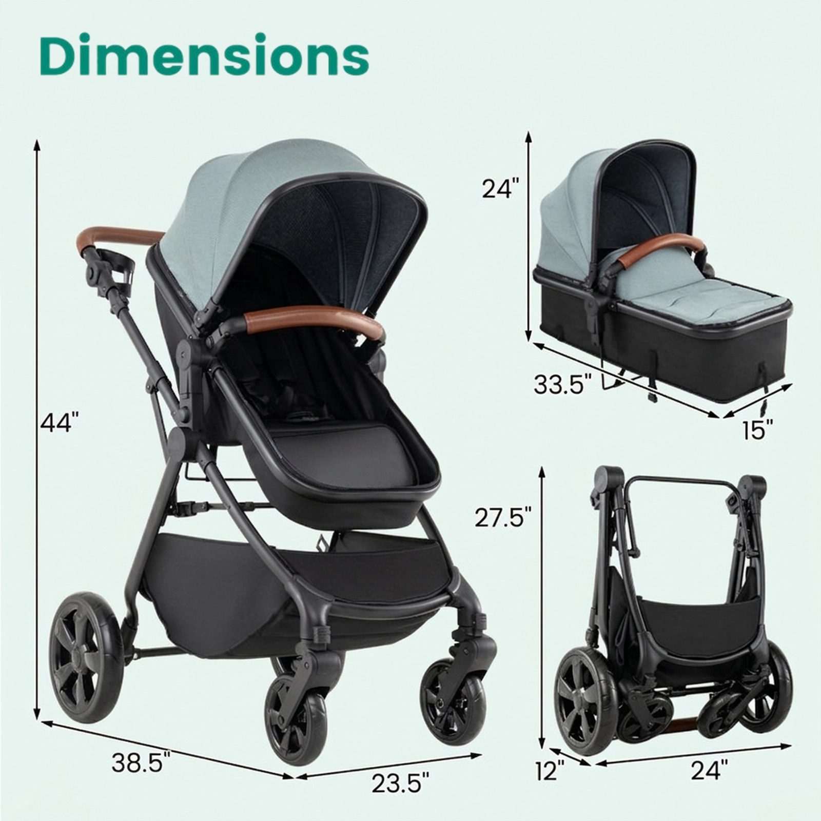 SUGIFT Turquoise 33-lb Capacity 2-in-1 Convertible Baby Stroller with Reclining Seat and Car Seat Adapters