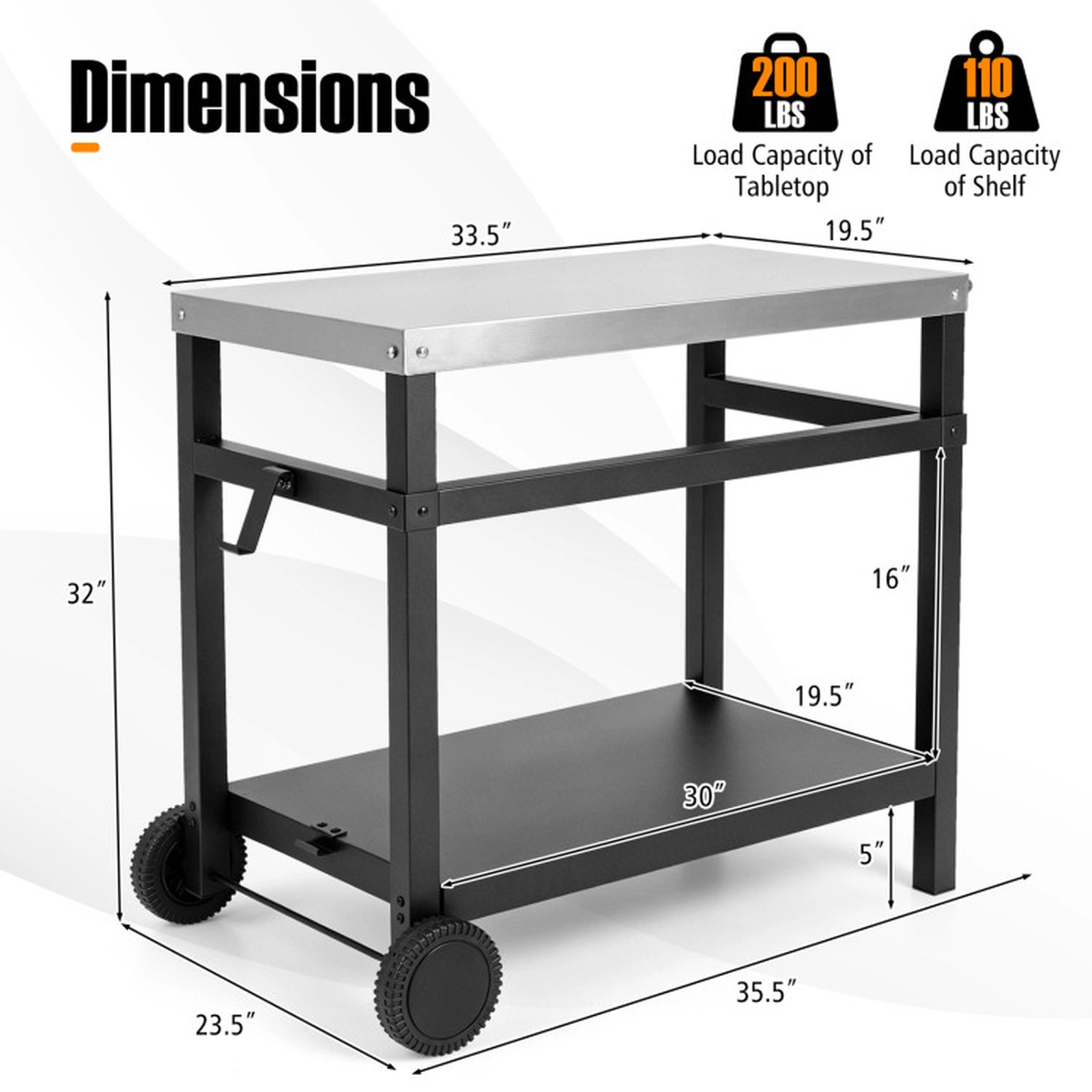 SUGIFT Black Double Shelf Grill Cart Table with Stainless Steel Top 35.5-in W 23.5-in D 200-lb Tabletop Capacity
