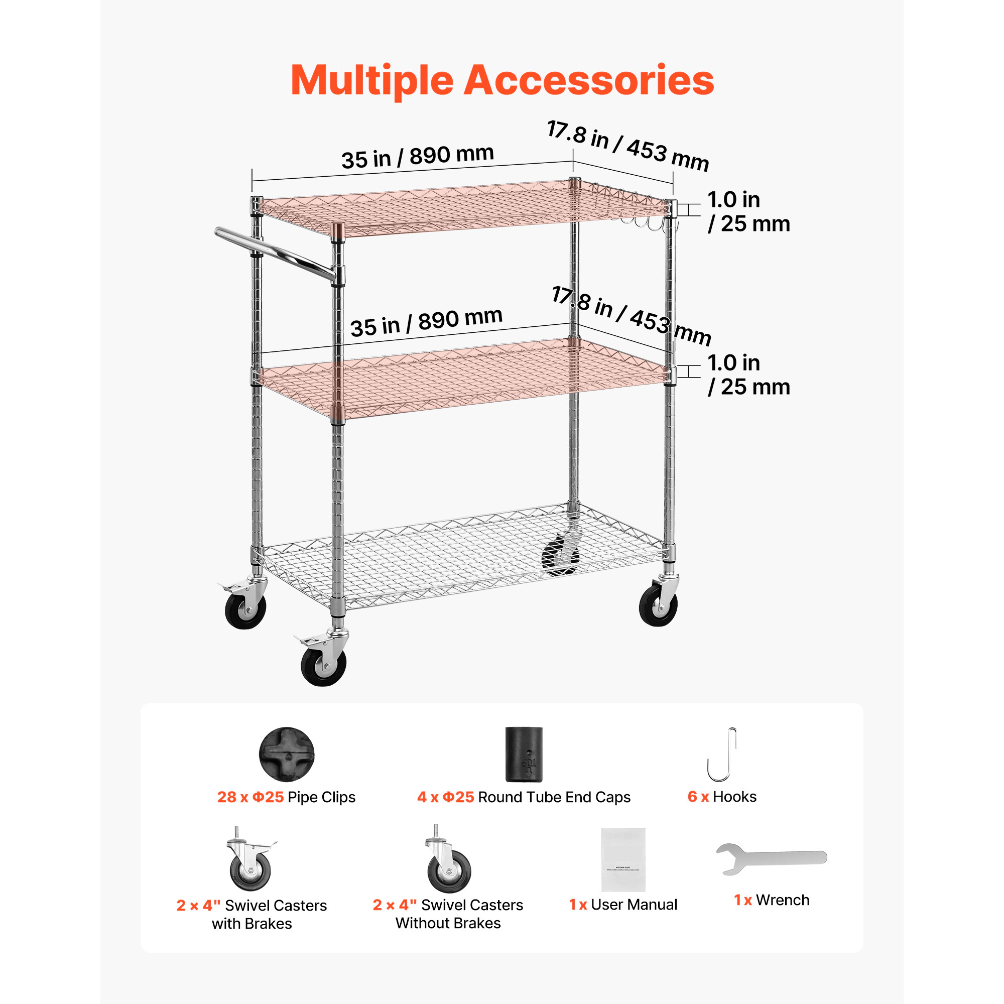 HONGGE Kitchen Utility Cart 3 Tier Heavy Duty Adjustable Wire Storage Rack Commercial Steel Rolling Service Trolley on