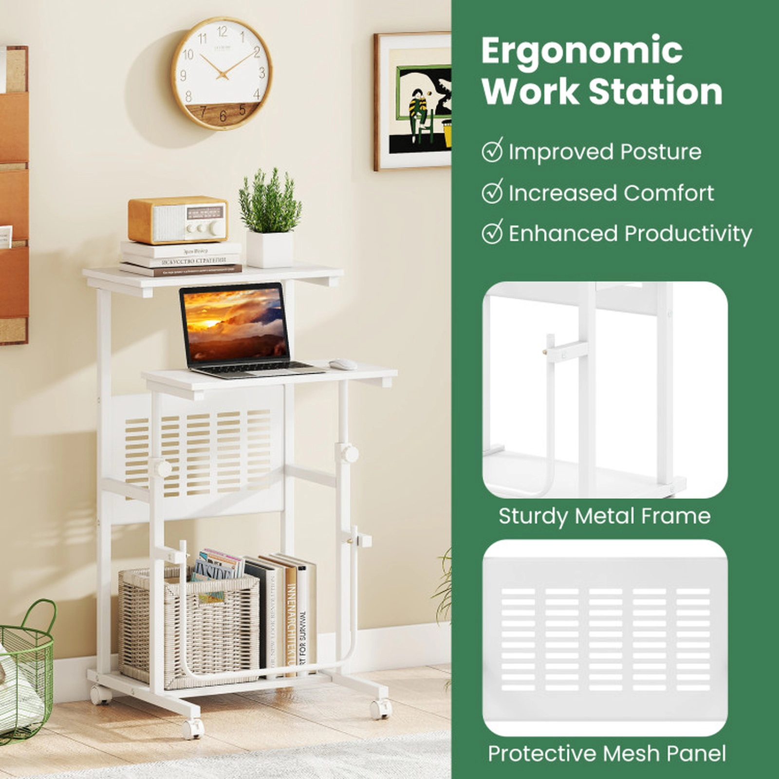 SUGIFT Height Adjustable 4 Wheels Bottom Shelf Mobile Stand Up Computer Desk 22-in x 21-in x 27-in to 38.5-in White