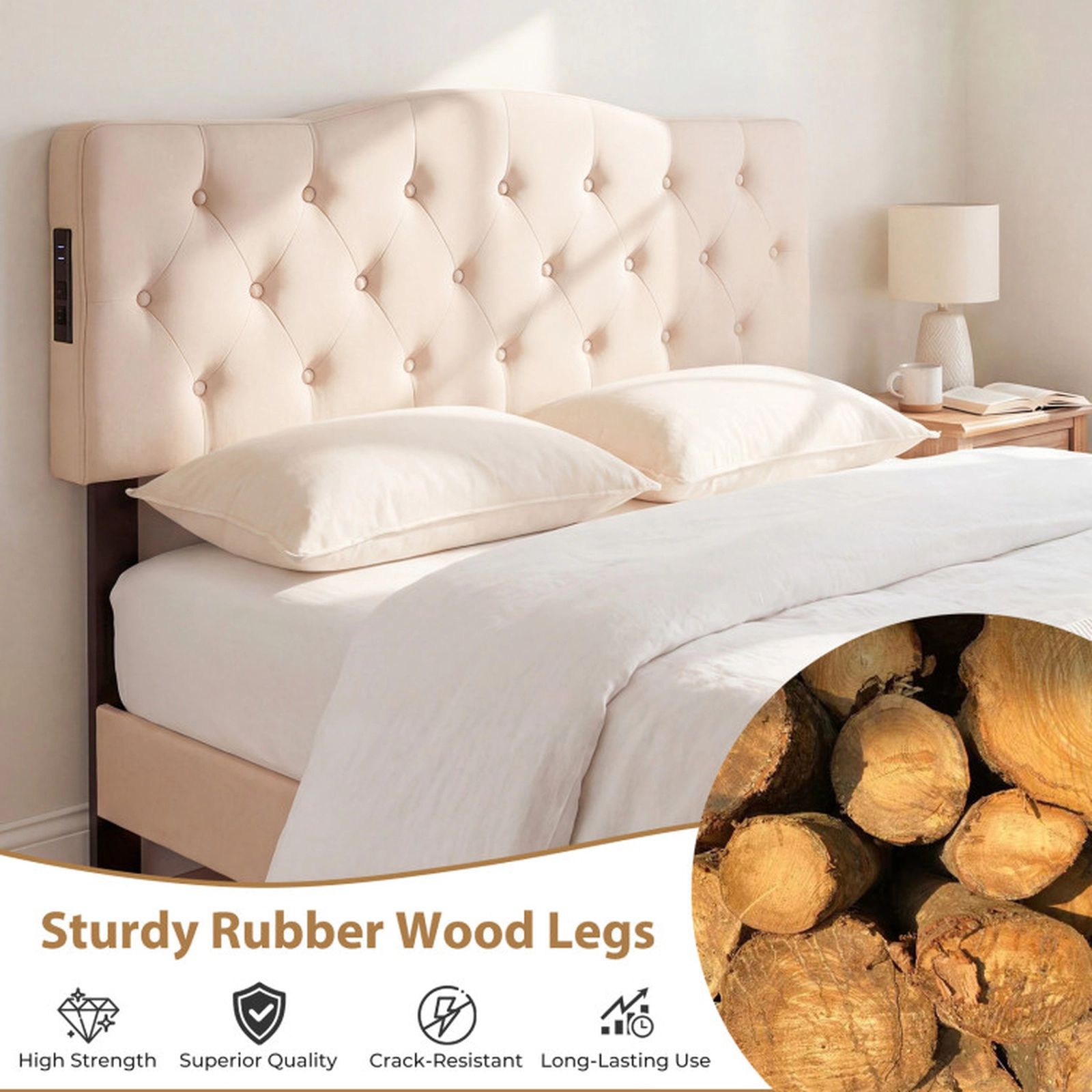 SUGIFT Tufted Upholstered Headboard for Queen and Full Size Bed with 2 AC Outlets Beige