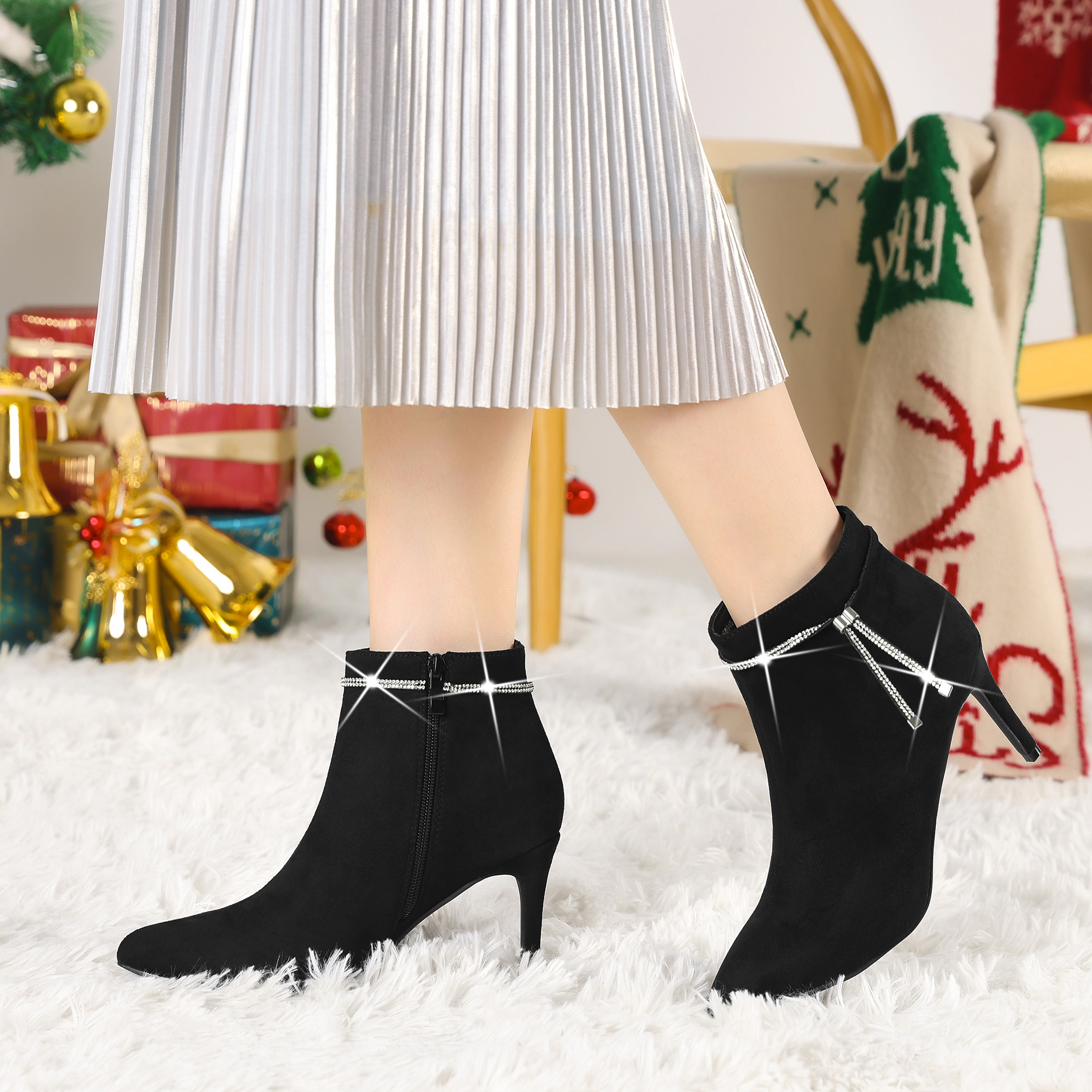 BLISSFUL STEP Women Bling Rhinestone Pointed Toe Stiletto Heels Ankle Boots