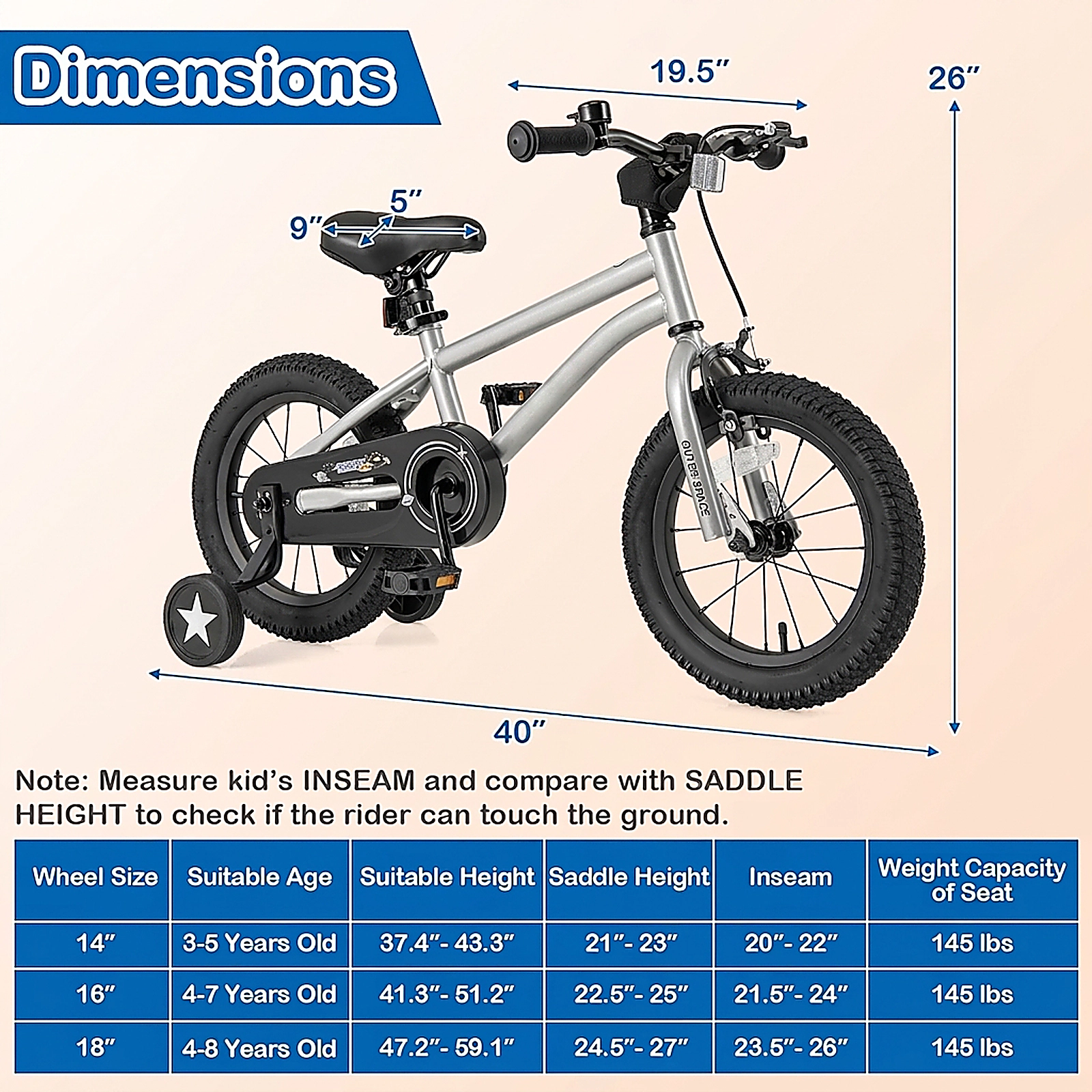 SUGIFT Kids Silver 14-in Steel Bike with Hand and Coaster Brakes and Enclosed Chain Guard Ages 3-5