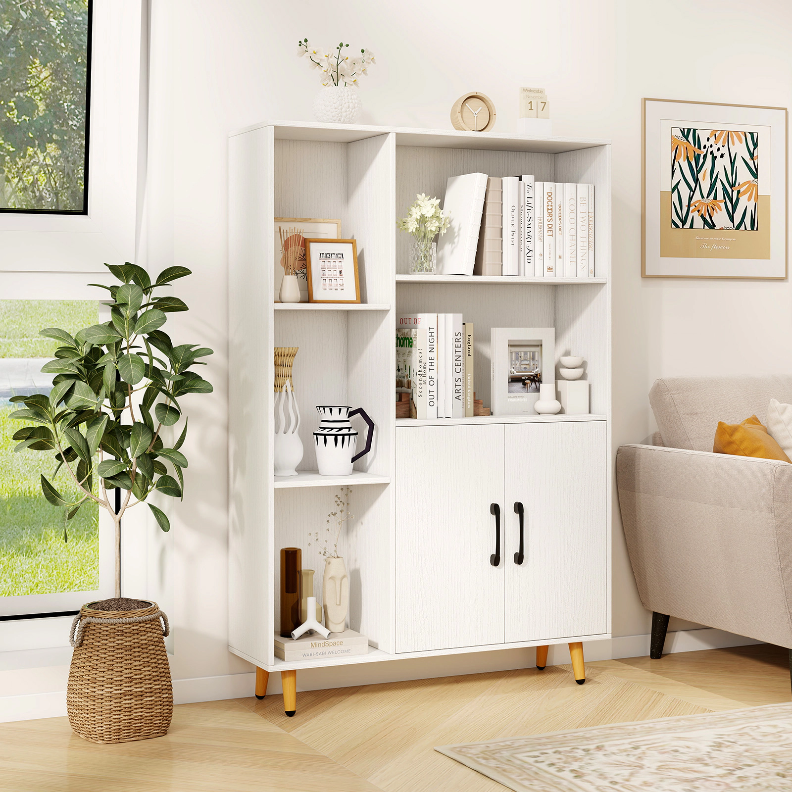 SUGIFT White 47-in Freestanding Bookshelf Pantry Cabinet with 2 Doors 5 Open Shelves and Metal Legs