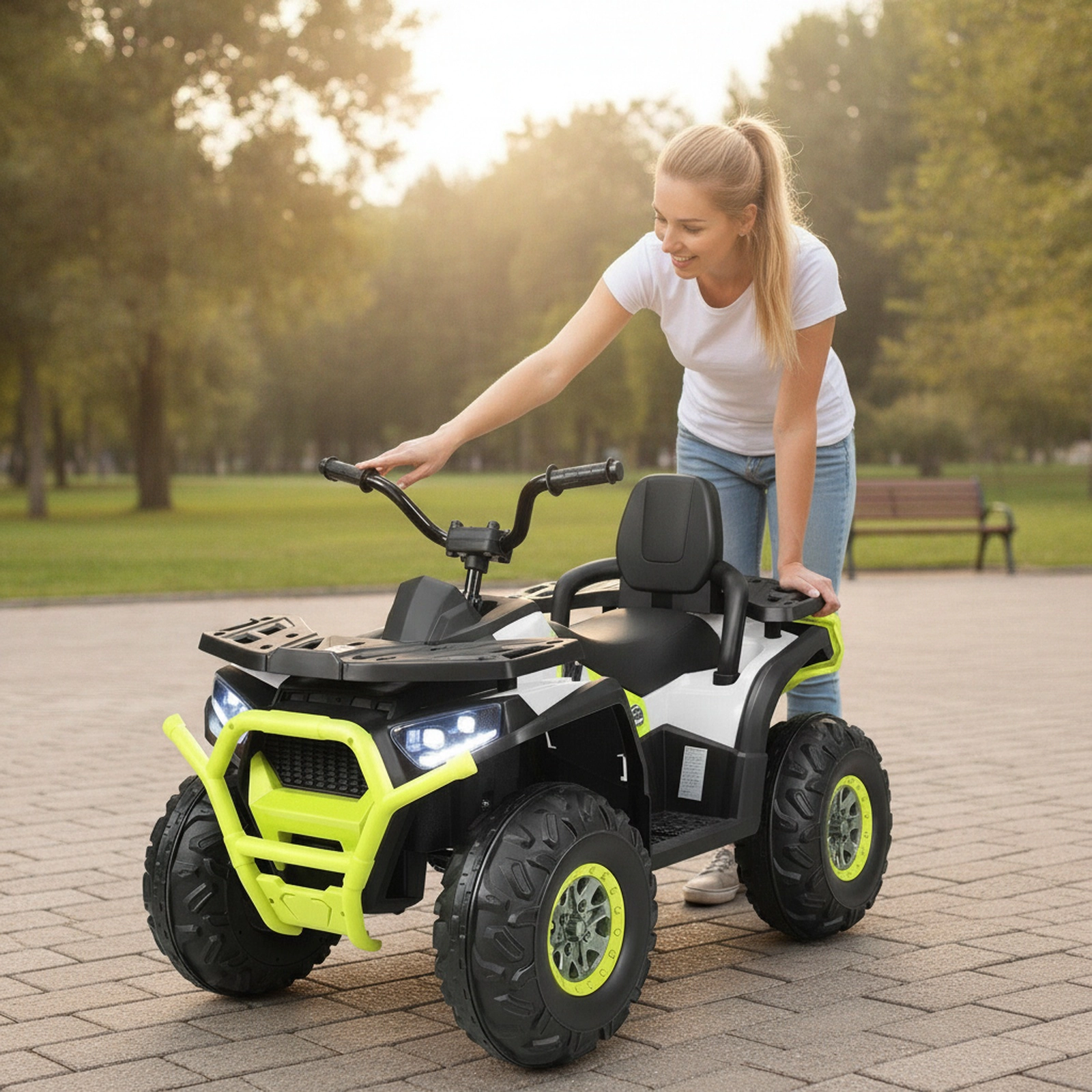 12V Kids ATV 4-Wheeler Quad Electric Ride On Car MP3 Player LED Lights High Low Speed and Safety Belt Ages 3+ White