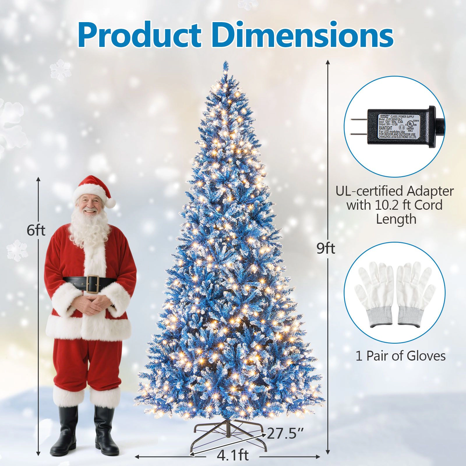 SlickBlue Blue Snow Flocked Christmas Tree with LED Lights and Metal Stand