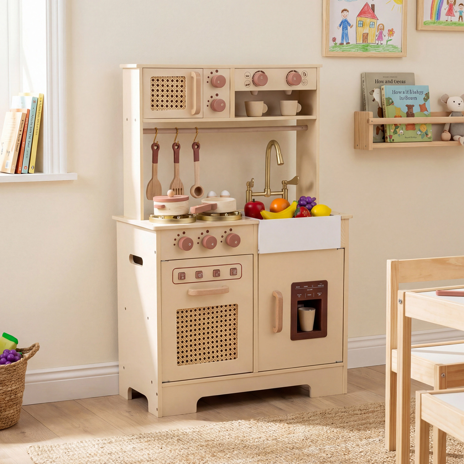 LJG Chef Pretend Play Kitchen for Kids with Realistic Lights and Sounds