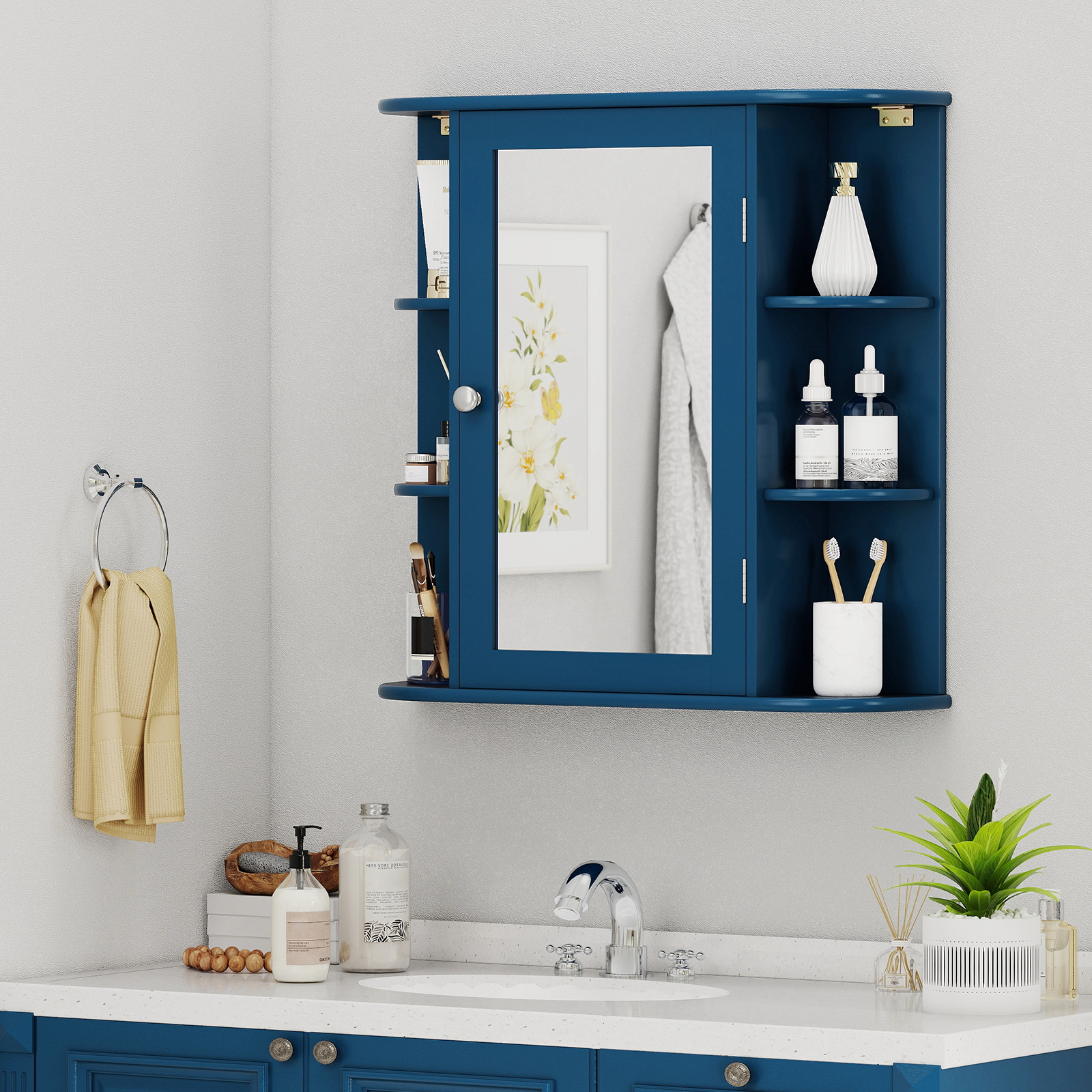 SUGIFT Wall-Mounted Bathroom Mirror Cabinet with Storage Shelves 44-lb Top Capacity Blue