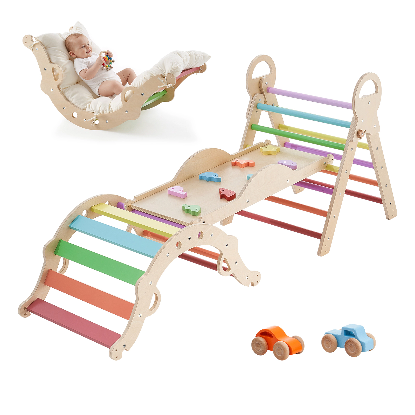 HONGGE Pikler Triangle Set, 9-in-1 Toddler Climbing Toys Indoor, with Cushion, Triangle, Arch, and Ramp, 150 lbs Load