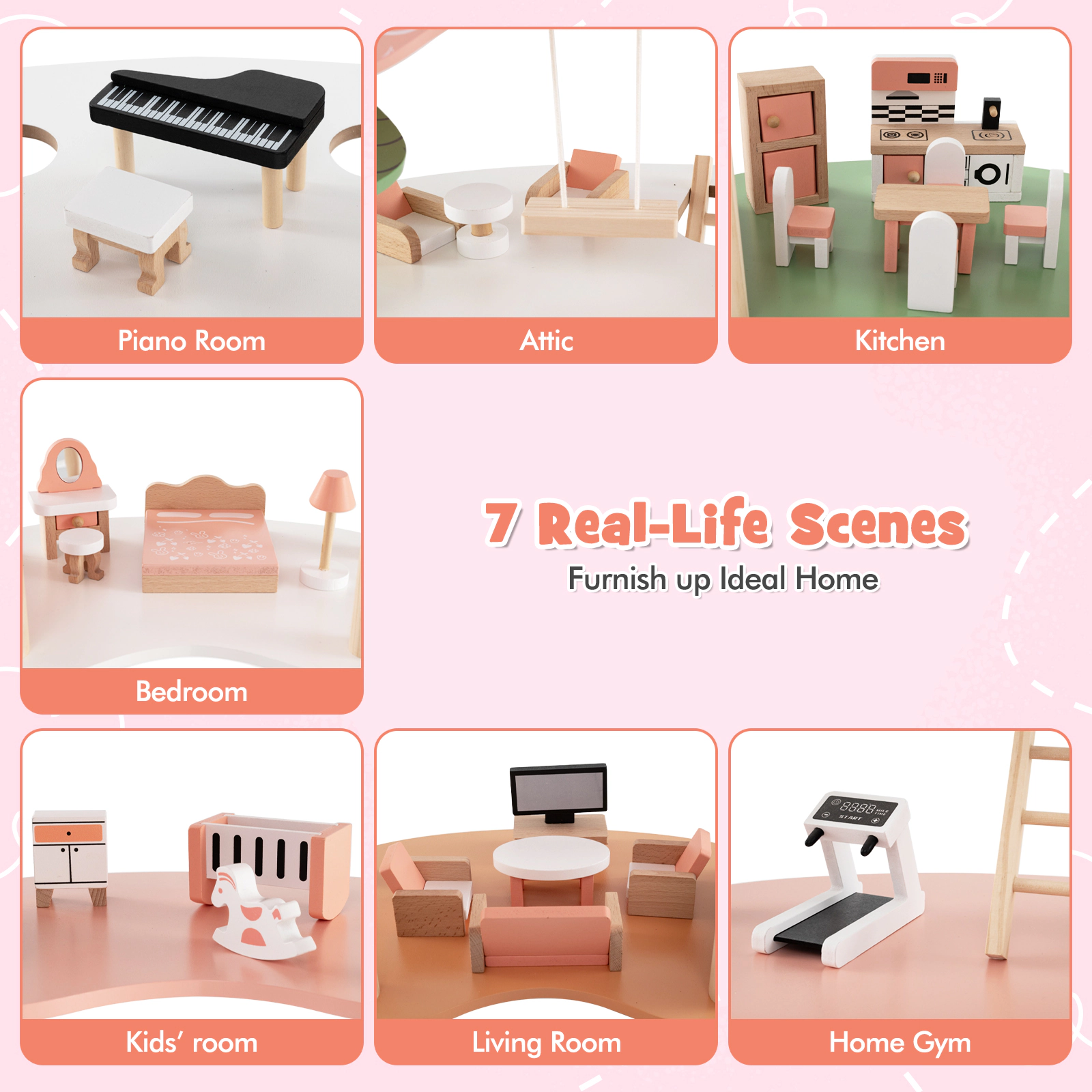 SUGIFT 3-Tier Wooden Dollhouse Playset with 31 Furniture Pieces for 3-6 in Dolls Ages 3-8 Pink+Green+Natural