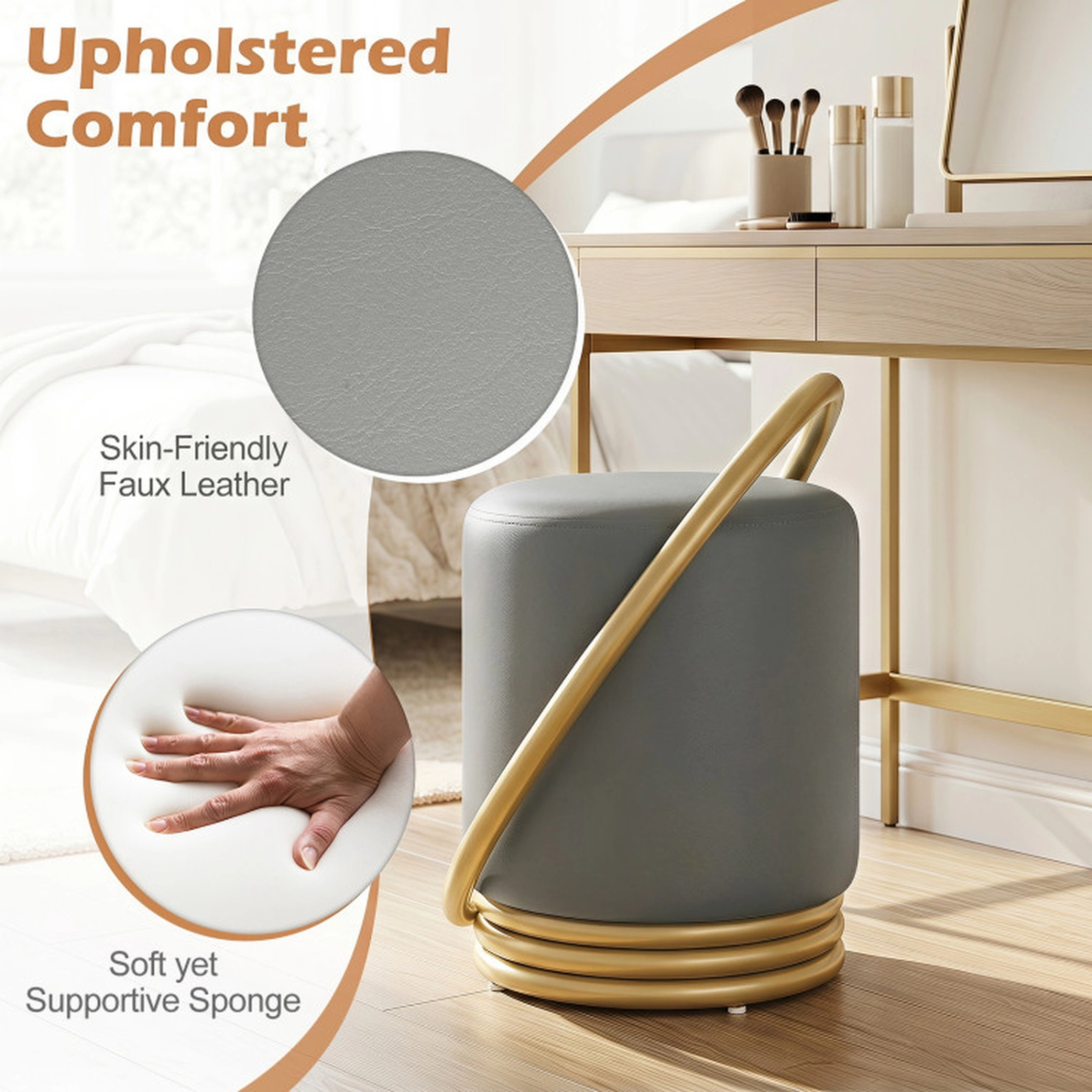 SUGIFT Round Faux Leather Vanity Stool Makeup Ottoman 330-Lb Capacity 21-in Tall Gray and Gold 1-Piece