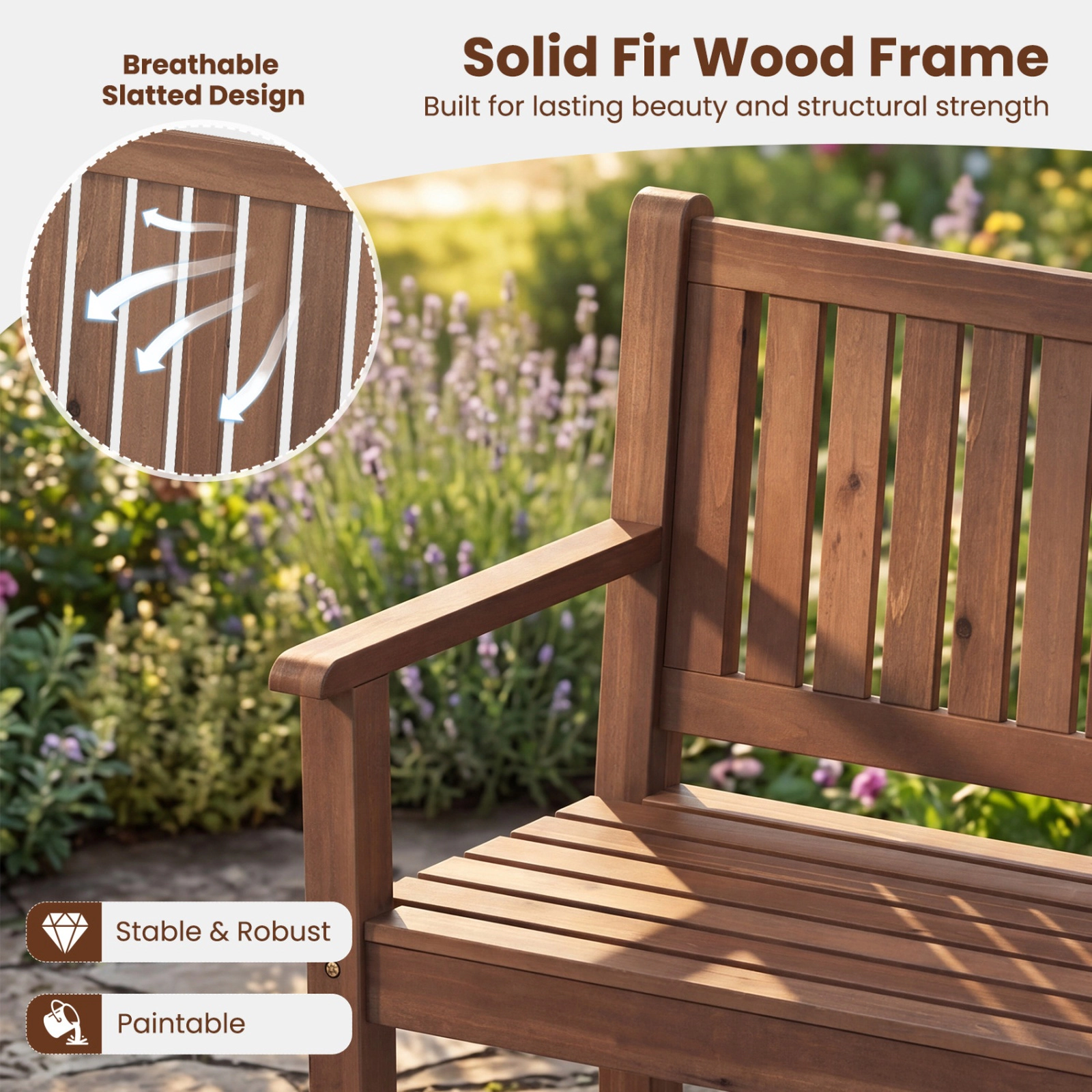SUGIFT 3-Seater Outdoor Garden Bench 990-lb Capacity with Backrest Brown/Natural