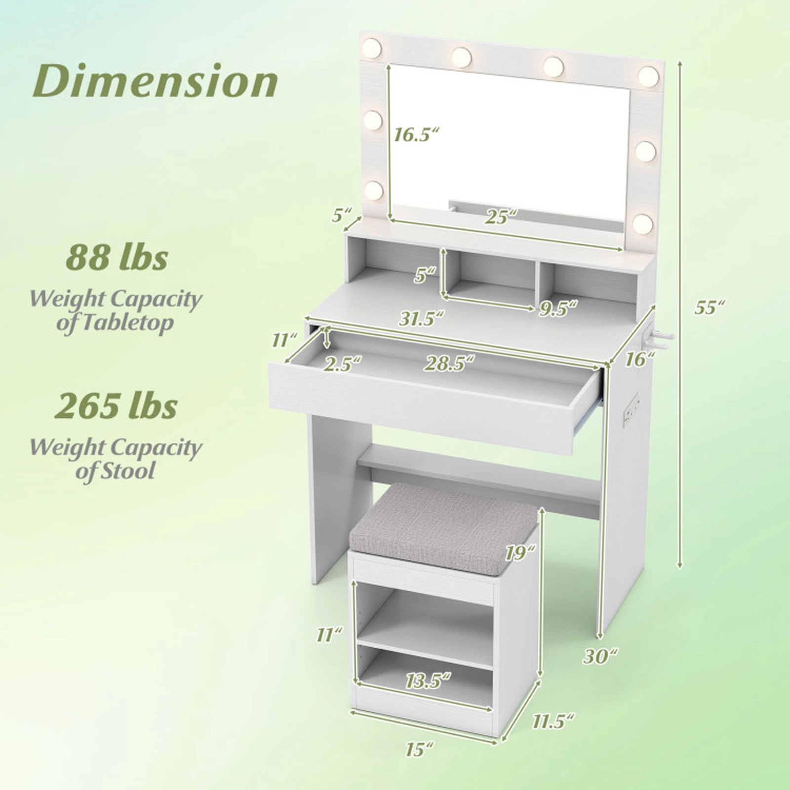 SUGIFT 2-Piece 31.5-Inch Vanity Desk Set with Lighted Mirror, Stool and Charging Station