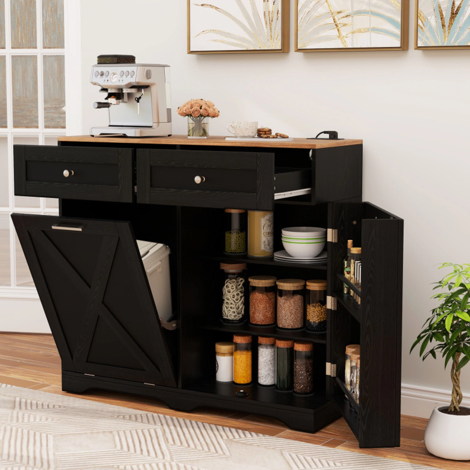 SUGIFT 39.5-in Black 100-lb Top Tilt Out Trash Can Cabinet with 2 Outlets 2 USB Ports and Adjustable Shelf