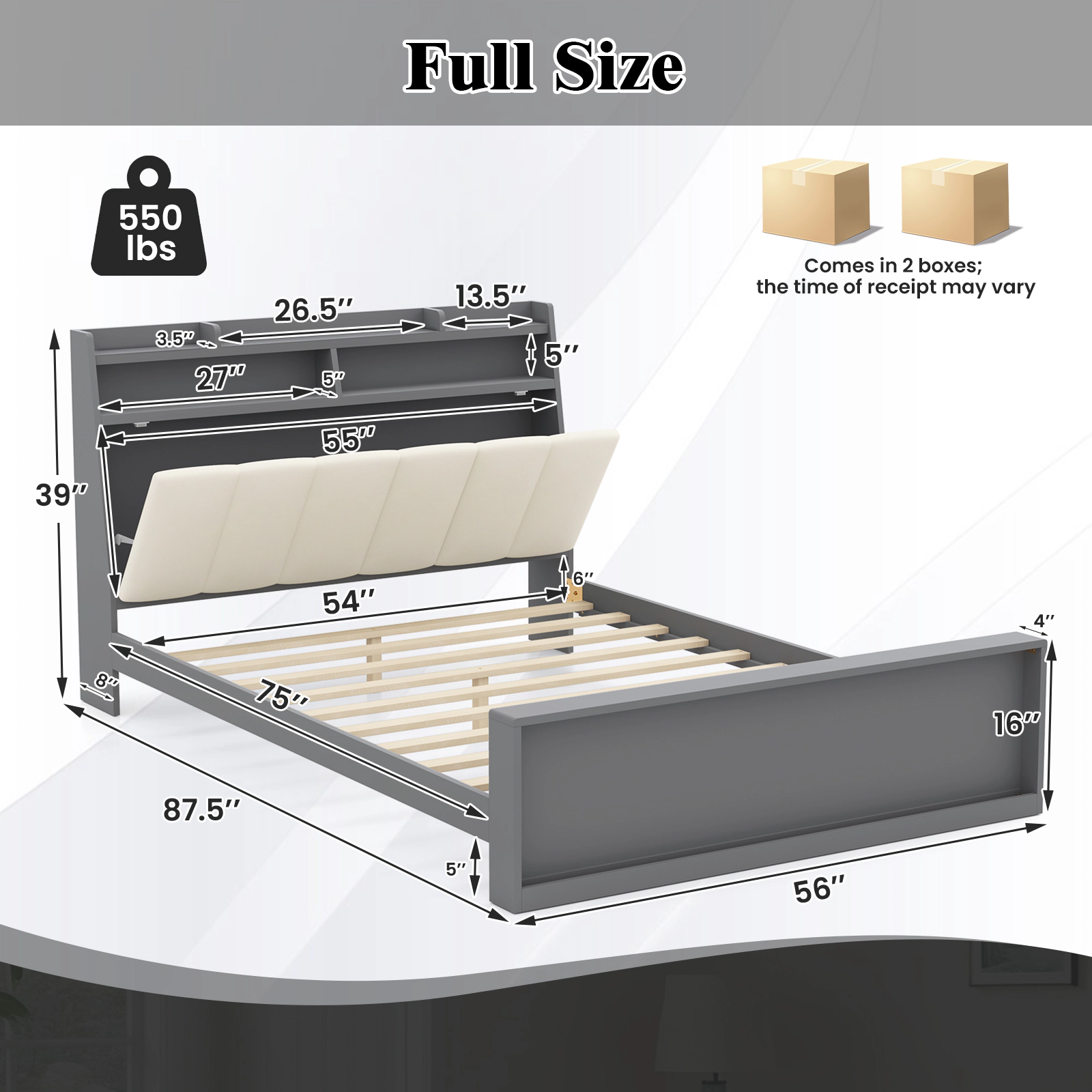 LJG Full Size Bed Frame with Storage Modern Platform Bed with Headboard