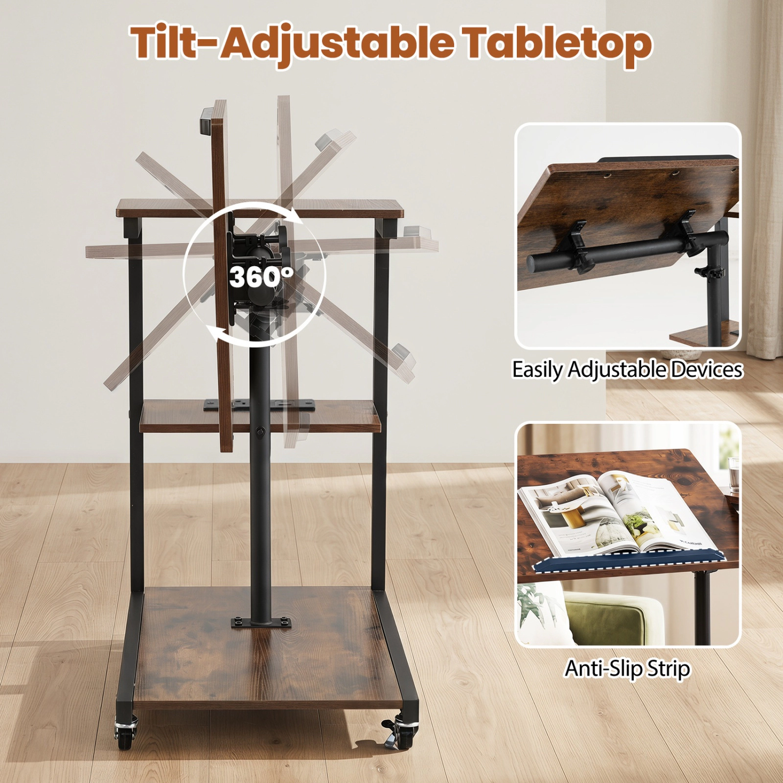 SUGIFT Set of 2 Charging Station Tilt Top 3-Tier C-Shaped Side Tables 26-in to 32.5-in 44-lb Capacity Rustic Brown