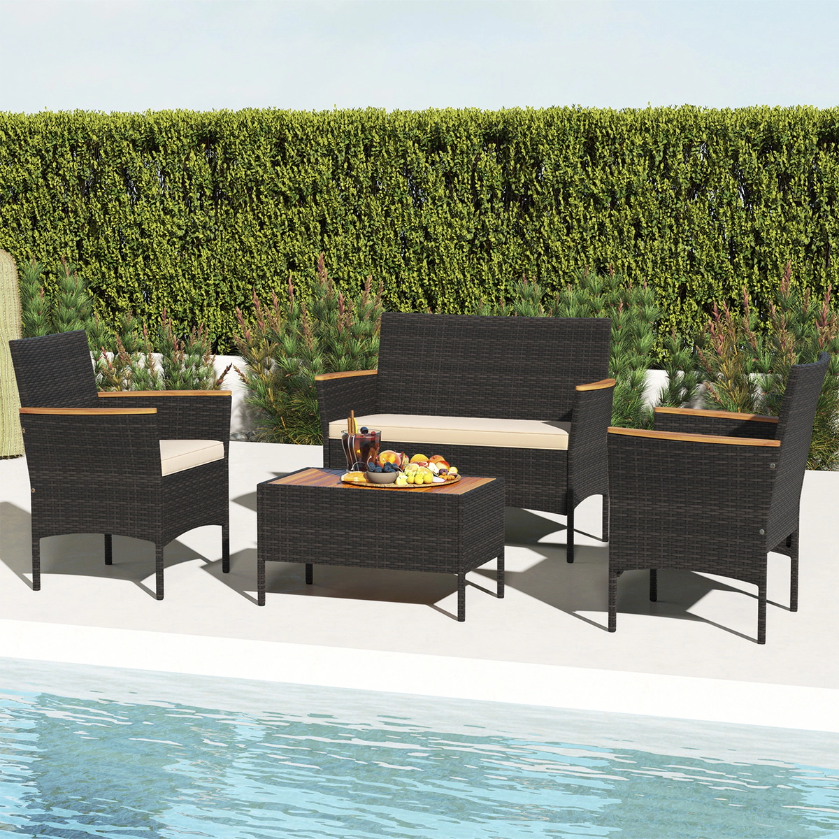 SUGIFT Patio Wicker Sofa Conversation Set with Loveseat 400/800-lb Capacity Mix Brown with Beige/Gray/Red Cushions