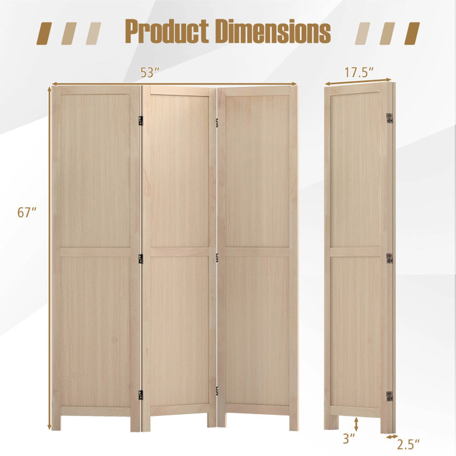 SUGIFT 3 Panel Folding Room Divider with Rubber Wood MDF Frame 53-in Unfolded Width 17.5 x 67 x 2.5 in Folded Size Beige