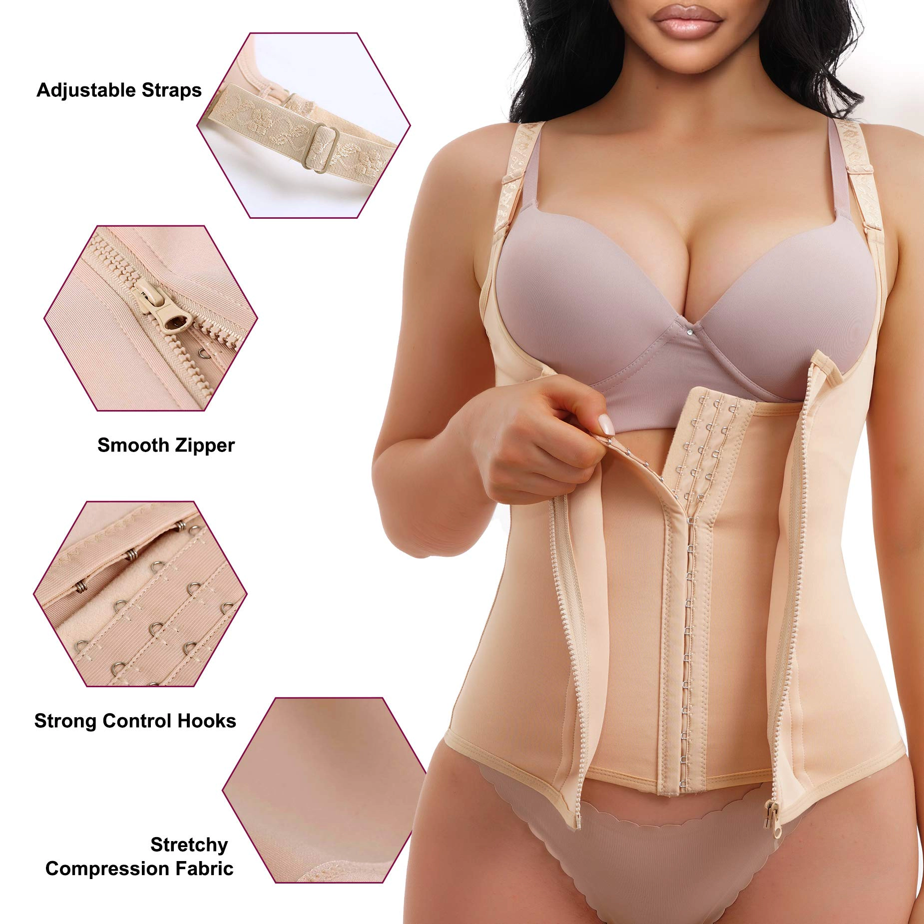 Nebility Women Adjustable Strap Zipper Shapewear Waist Trainer Tank Top