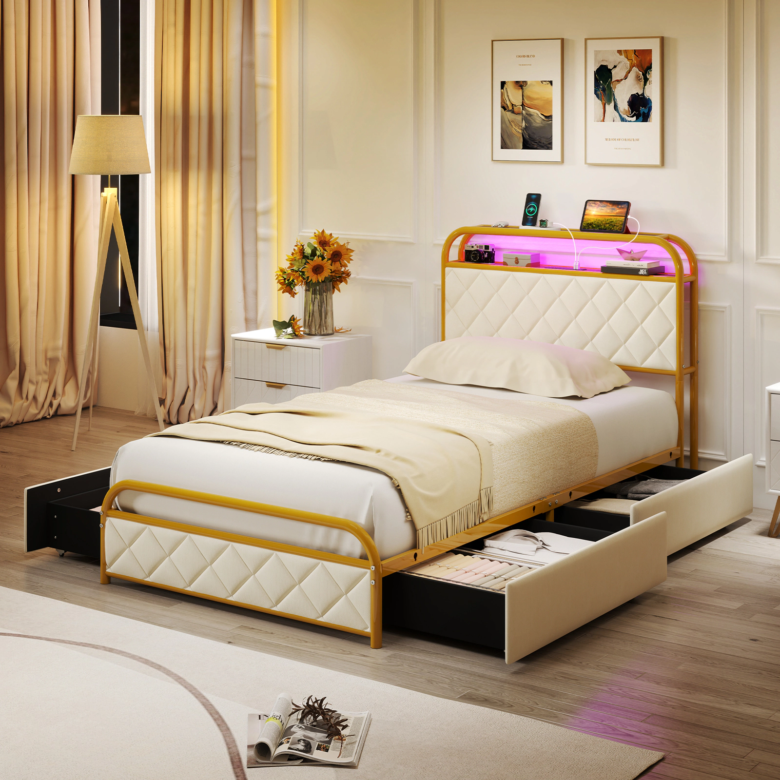 SUGIFT Twin Size Upholstered Bed Frame with LED Lights, Charging Station & Storage Drawers 440-lb Capacity Black/Golden