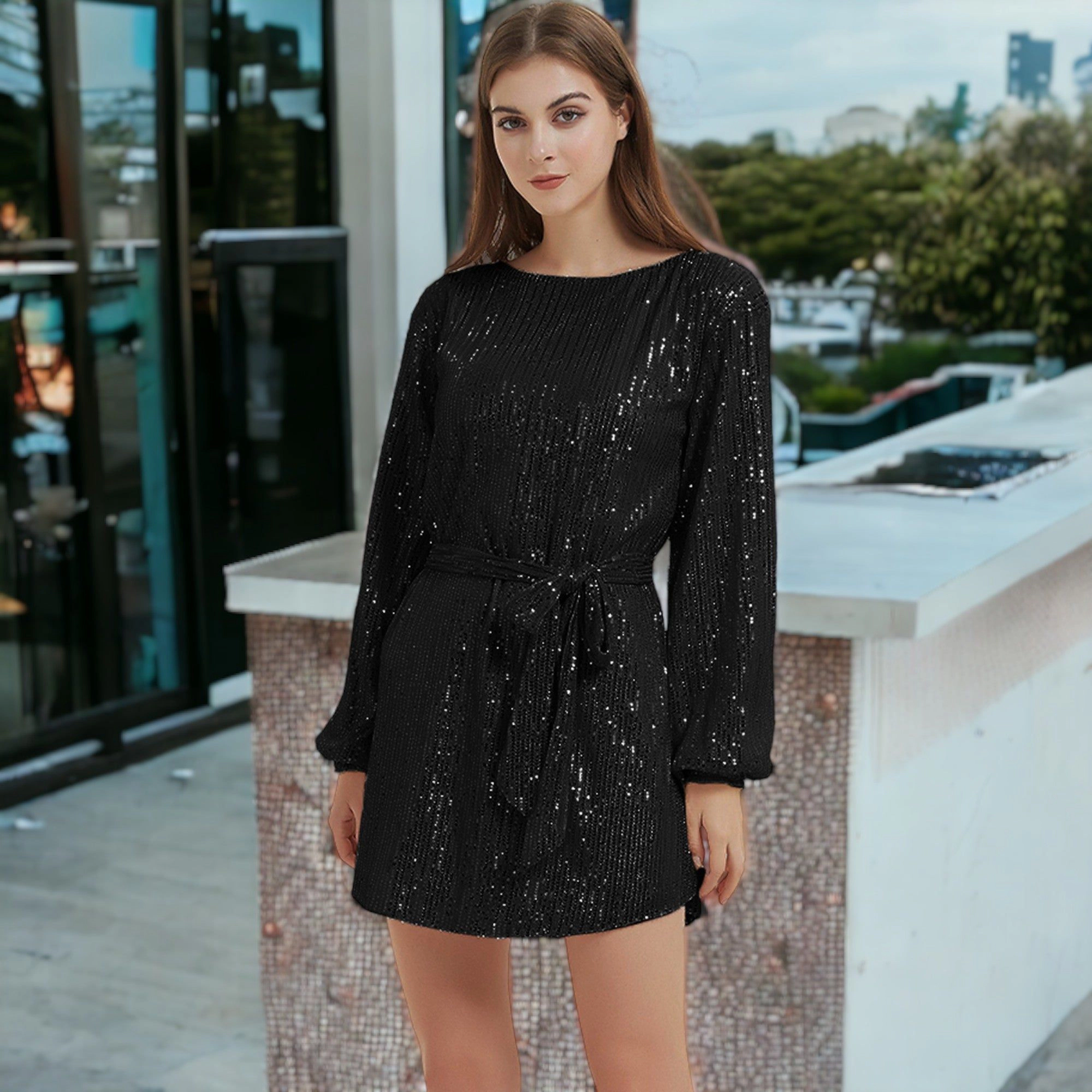 Anna-Kaci Women's Sparkly Sequins Long Bishop Sleeve Crew Neck Tunic Belted Dress