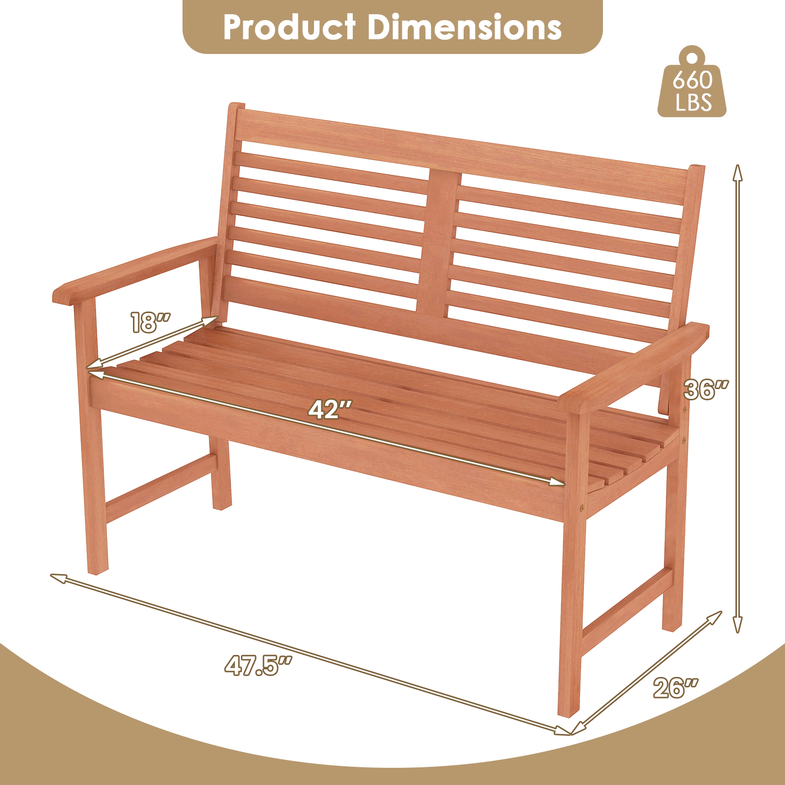 SUGIFT Patio Loveseat Outdoor 2-Seat Bench with Inclined Backrest and Slatted Seat 660-lb Capacity Teak