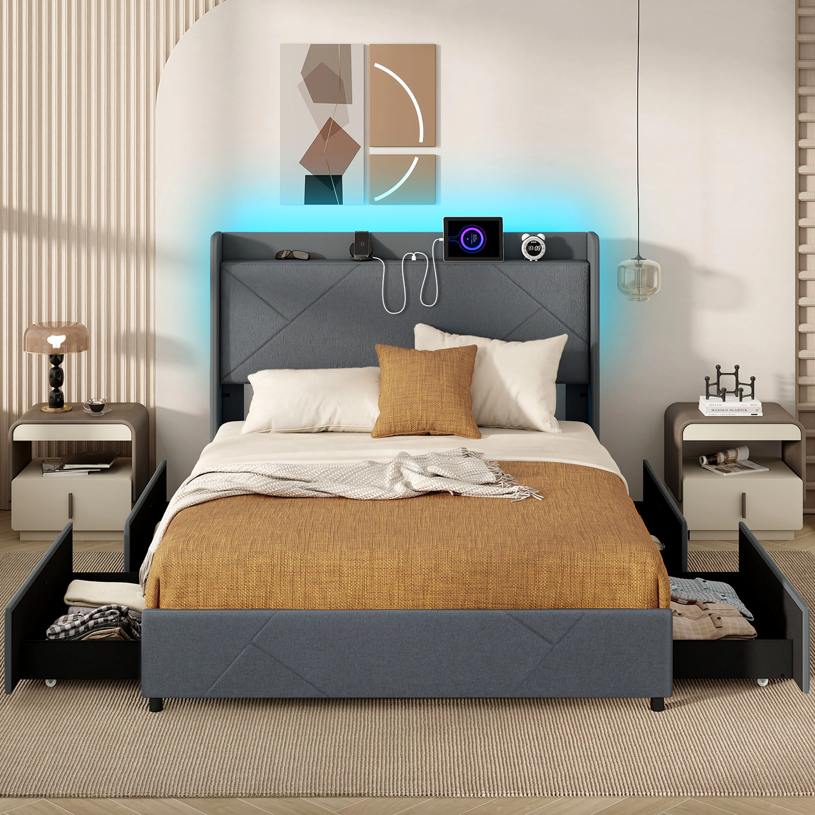 Queen Size Storage Bed Frame with 4 Drawers Upholstered LED Headboard Platform Bed with Shelf Side Pockets Grey