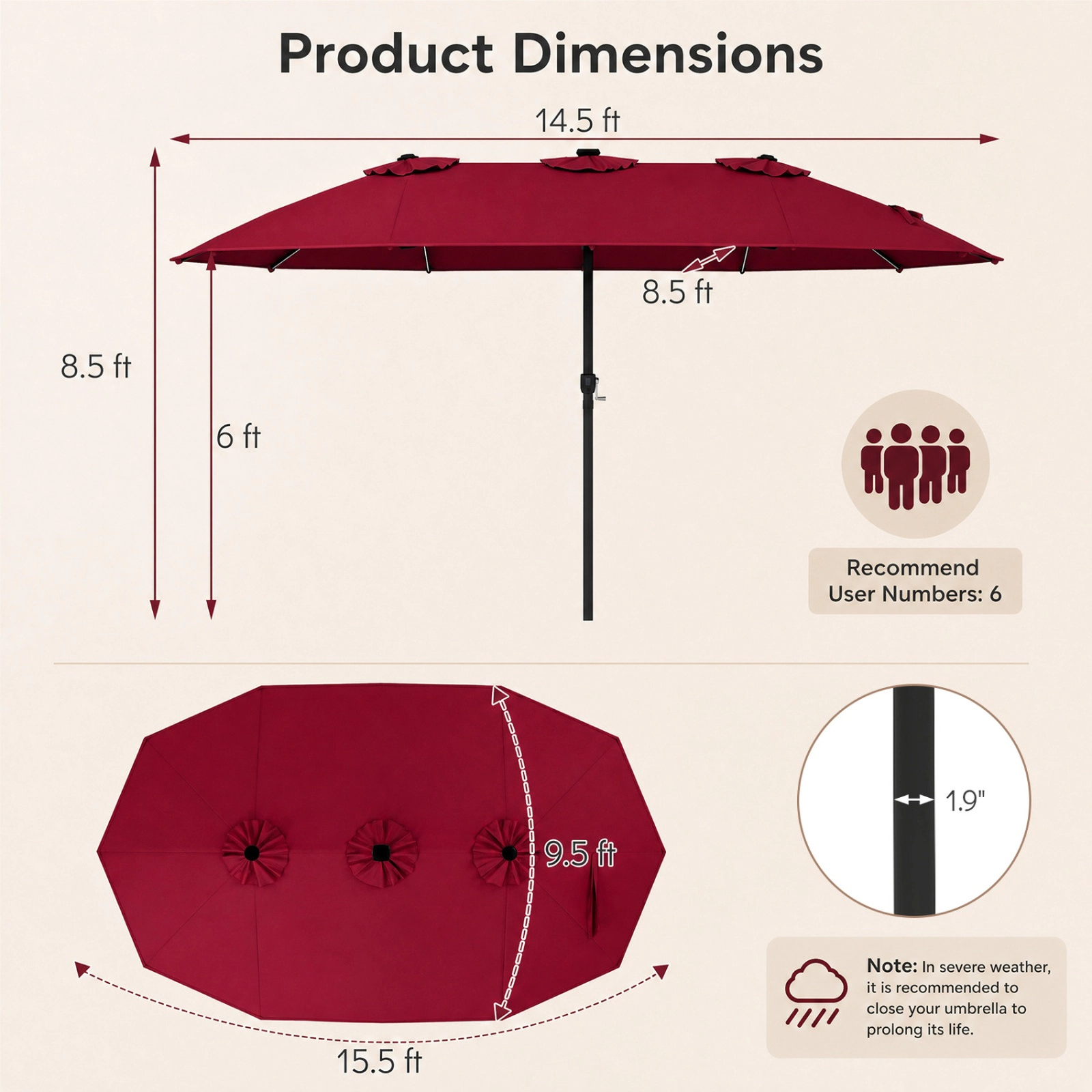 SUGIFT 15.5-ft Red Rectangular Patio Umbrella with 144 Solar LED Lights, 12 Ribs and Crank Lift