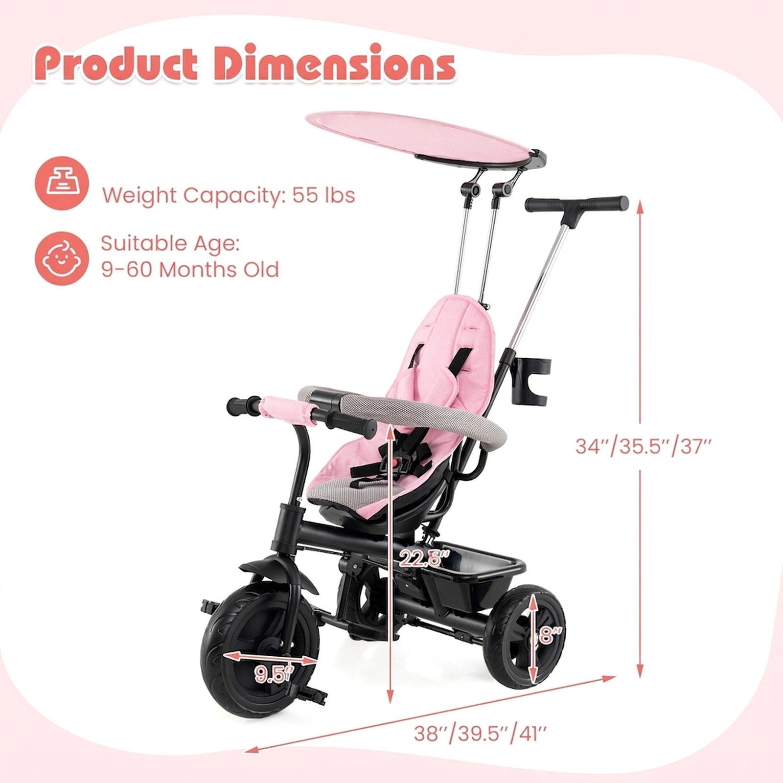 SUGIFT Toddler Pink 7-in-1 Baby Tricycle with Adjustable Canopy 38-in W 41-in to 55-in H 55-lb Seat Capacity