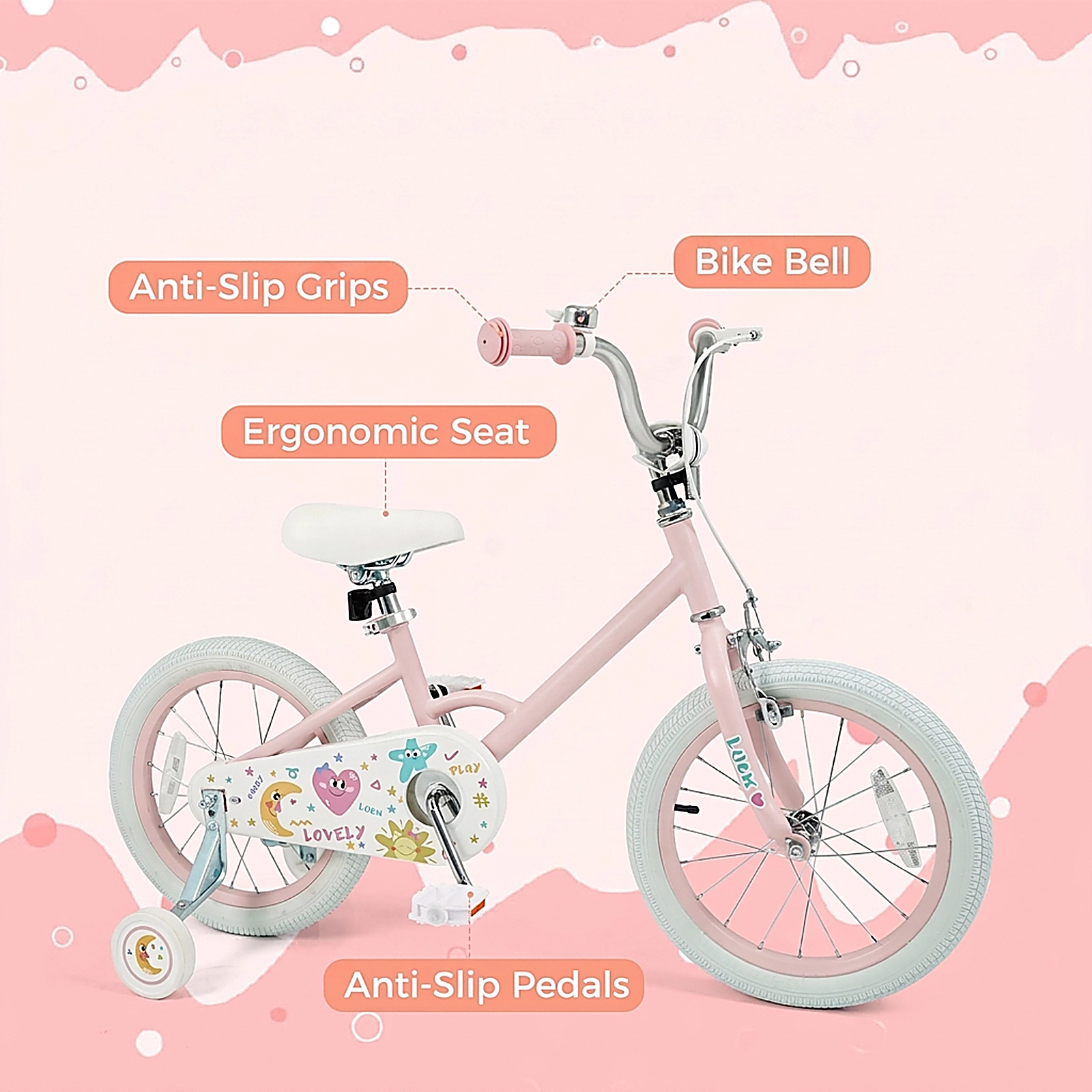 SUGIFT 16 in Kids Bike Pink Stars and Moon with Training Wheels and Adjustable Seat