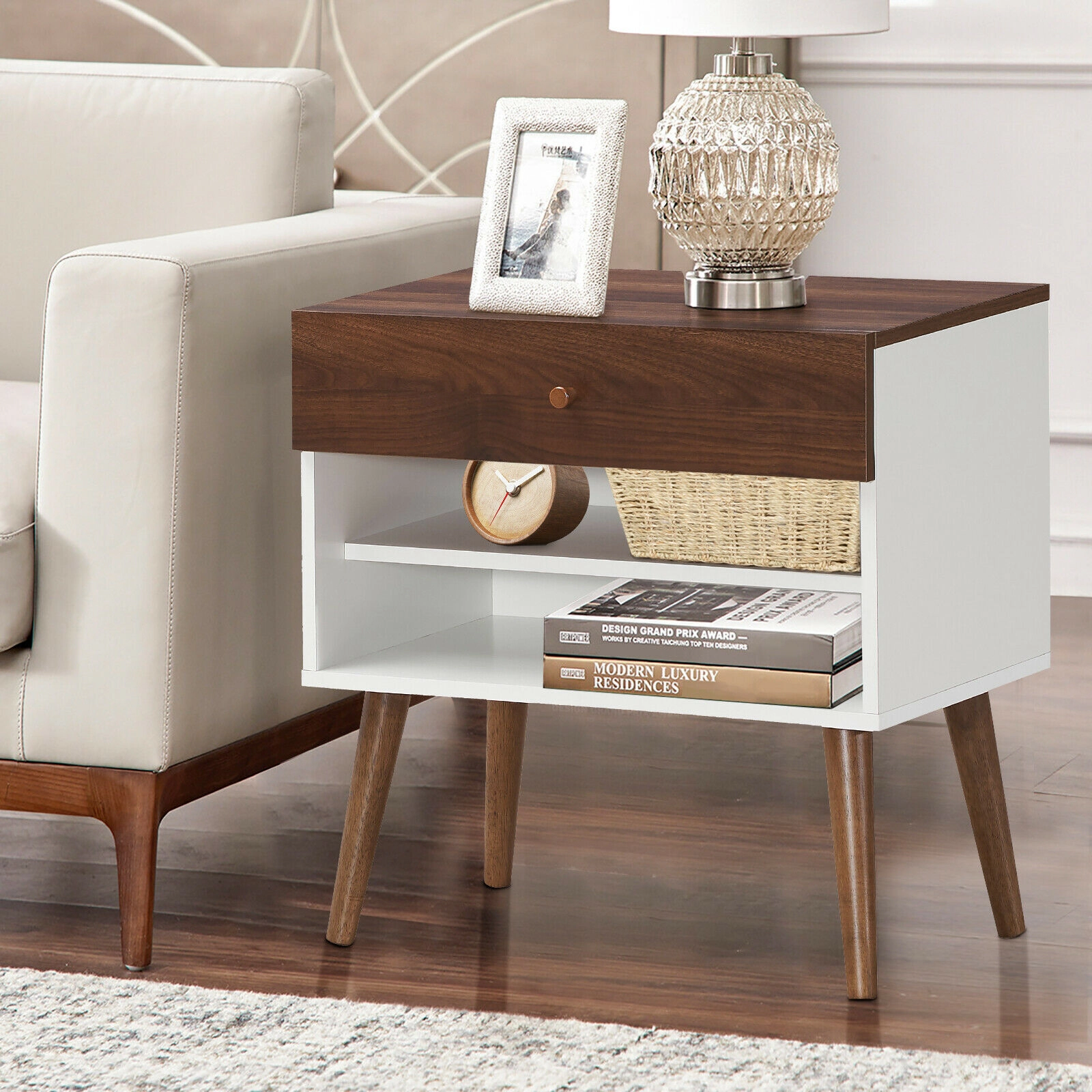 SlickBlue Retro Nightstand with Drawer and Open Storage Shelves
