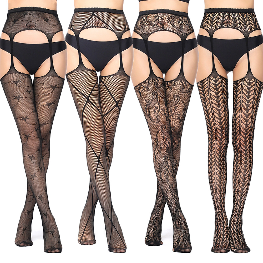 Wardrobe Whimsy Womens 4 Pairs High Waist Fishnet Tights Suspenders Thigh High Stockings
