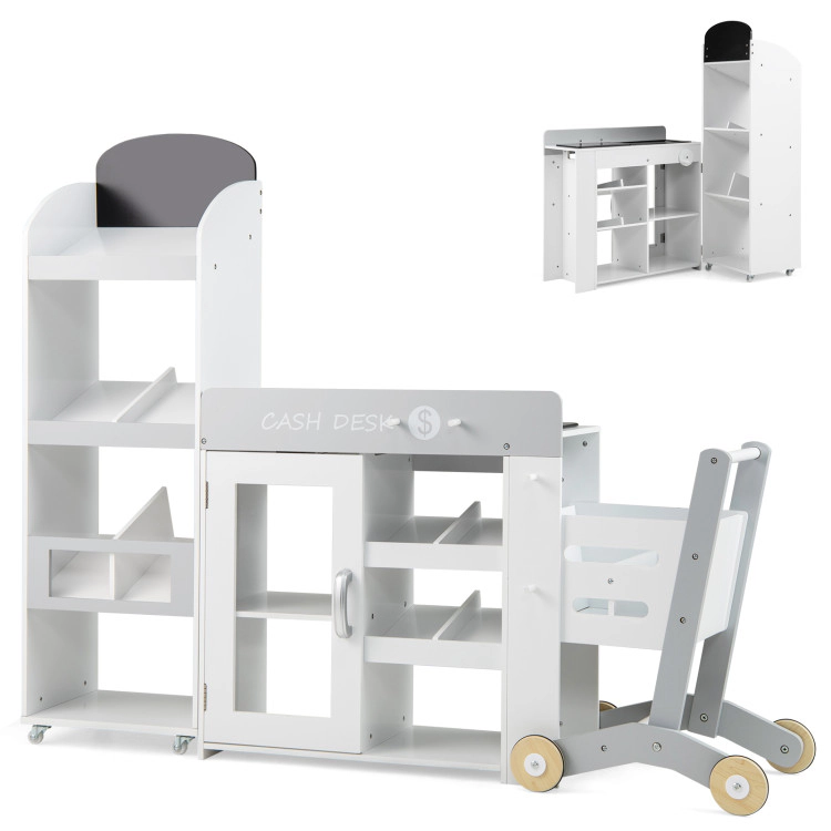 Hivvago Kids Grocery Store Playset Convertible Wooden Play Store with Shopping Cart