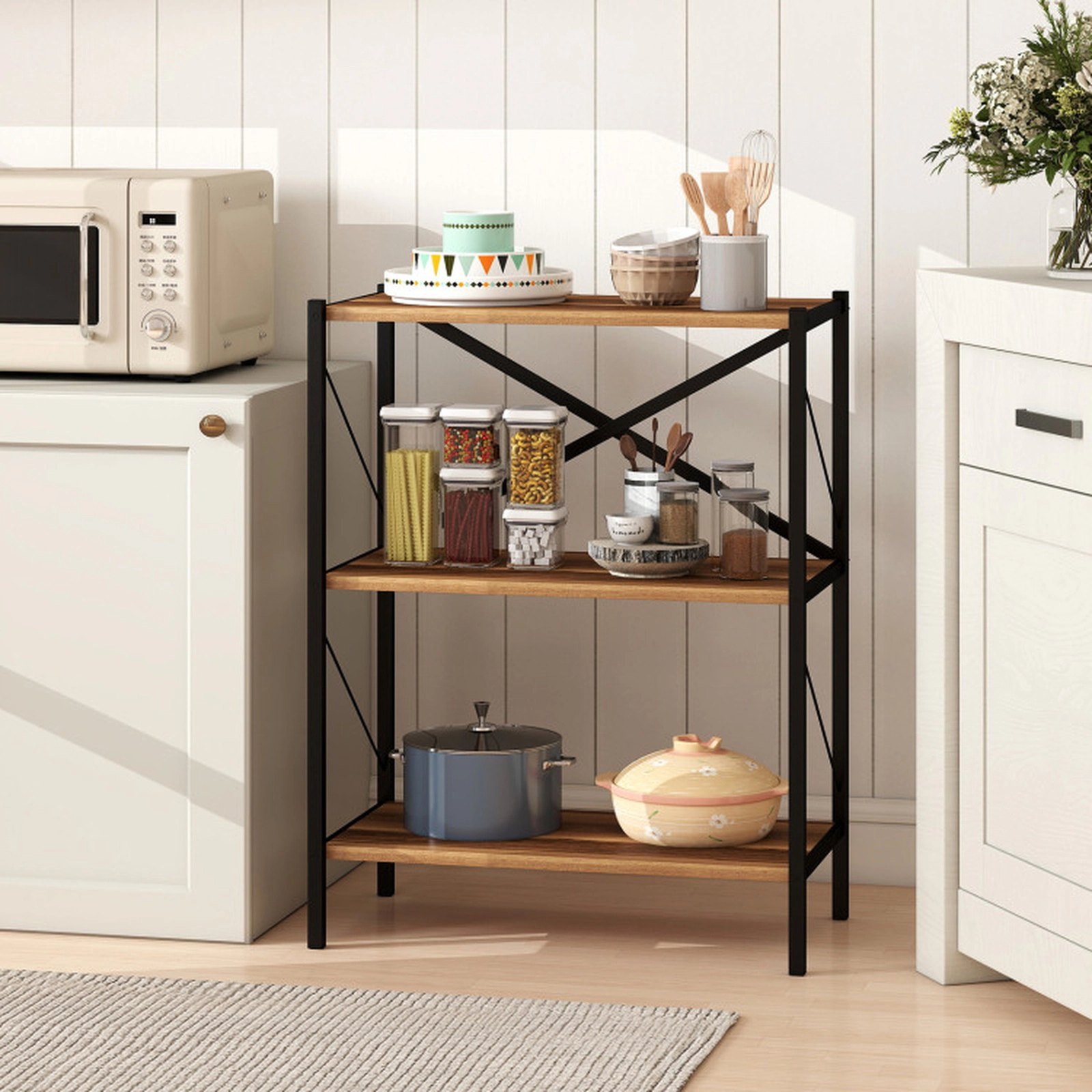 SUGIFT 3-Tier Walnut 33.5-in Short Bookshelf with Heavy-Duty Metal Frame X-Brace and 4-in Clearance