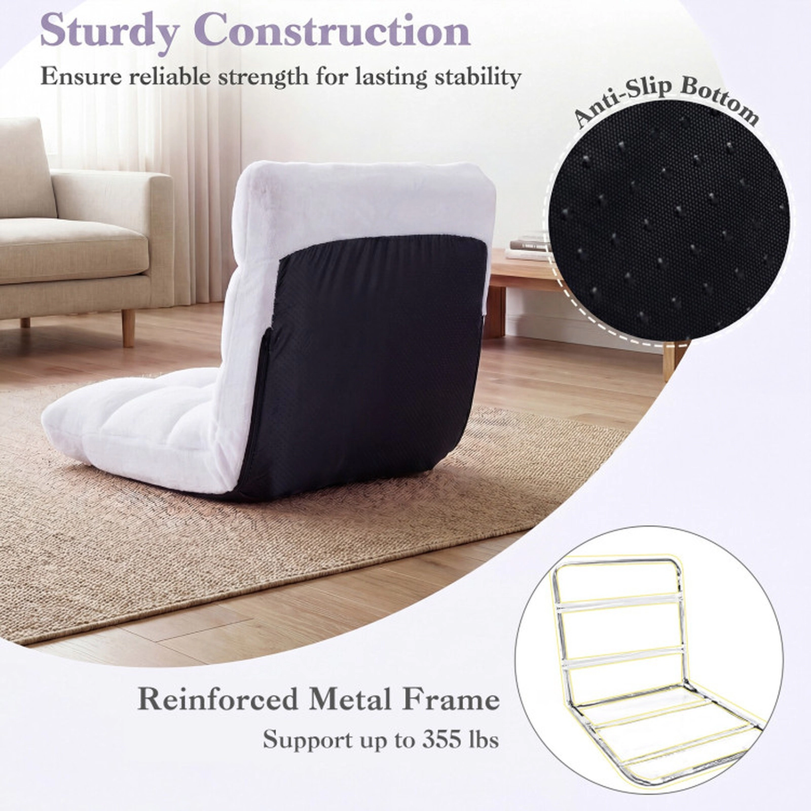 SUGIFT 14-Position 102-180 Degree Recline Padded Flannel Floor Chair 41.5-in x 22-in x 6-in 200-lb Capacity White
