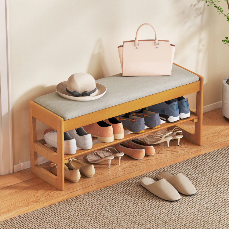 Hivvago Shoe Rack Bench with Storage 2-Tier Rubberwood Entryway Flip-Open
