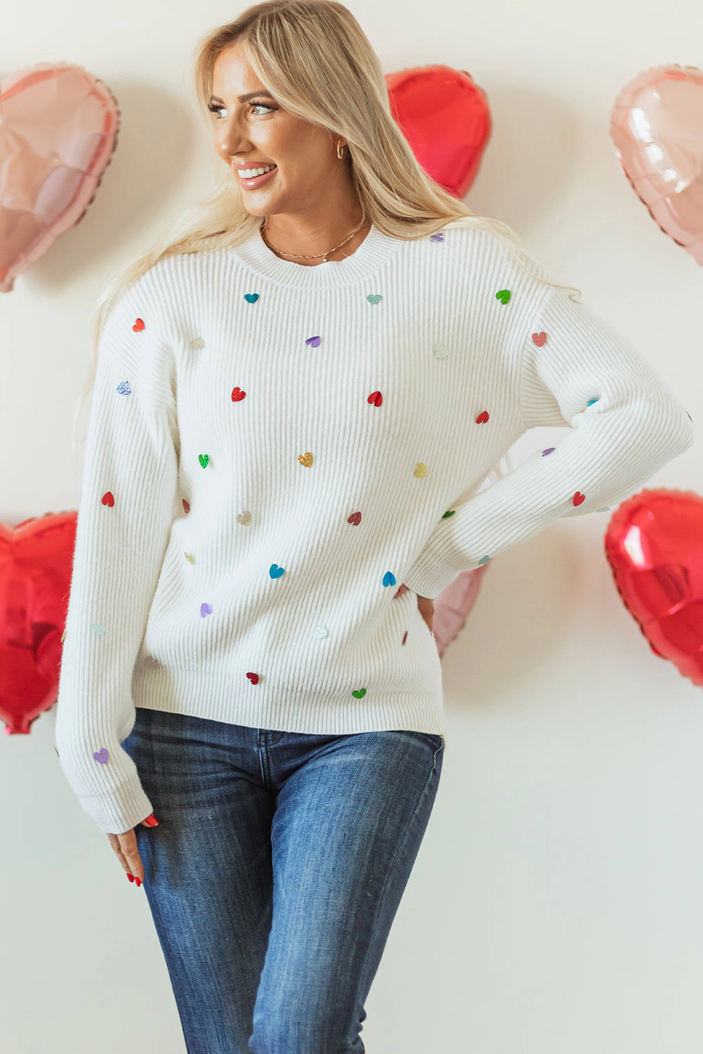 Threaded Pear Women's Sequin Heart Waffle Knit Sweater
