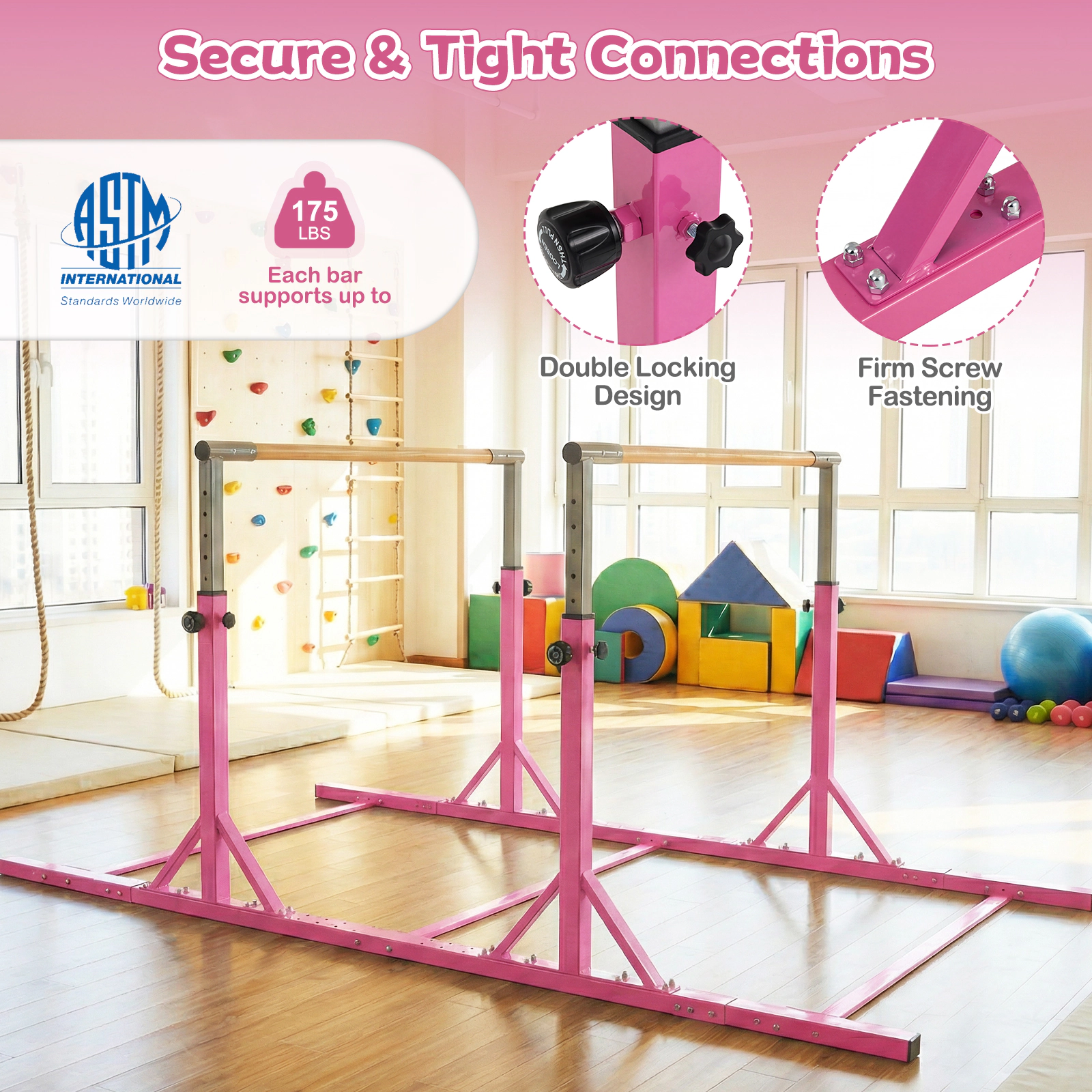 SUGIFT Kids Pink 8-ft Double Gymnastics Bars with 13-Level Height 98.5-in W 52-in D 350-lb Total Capacity