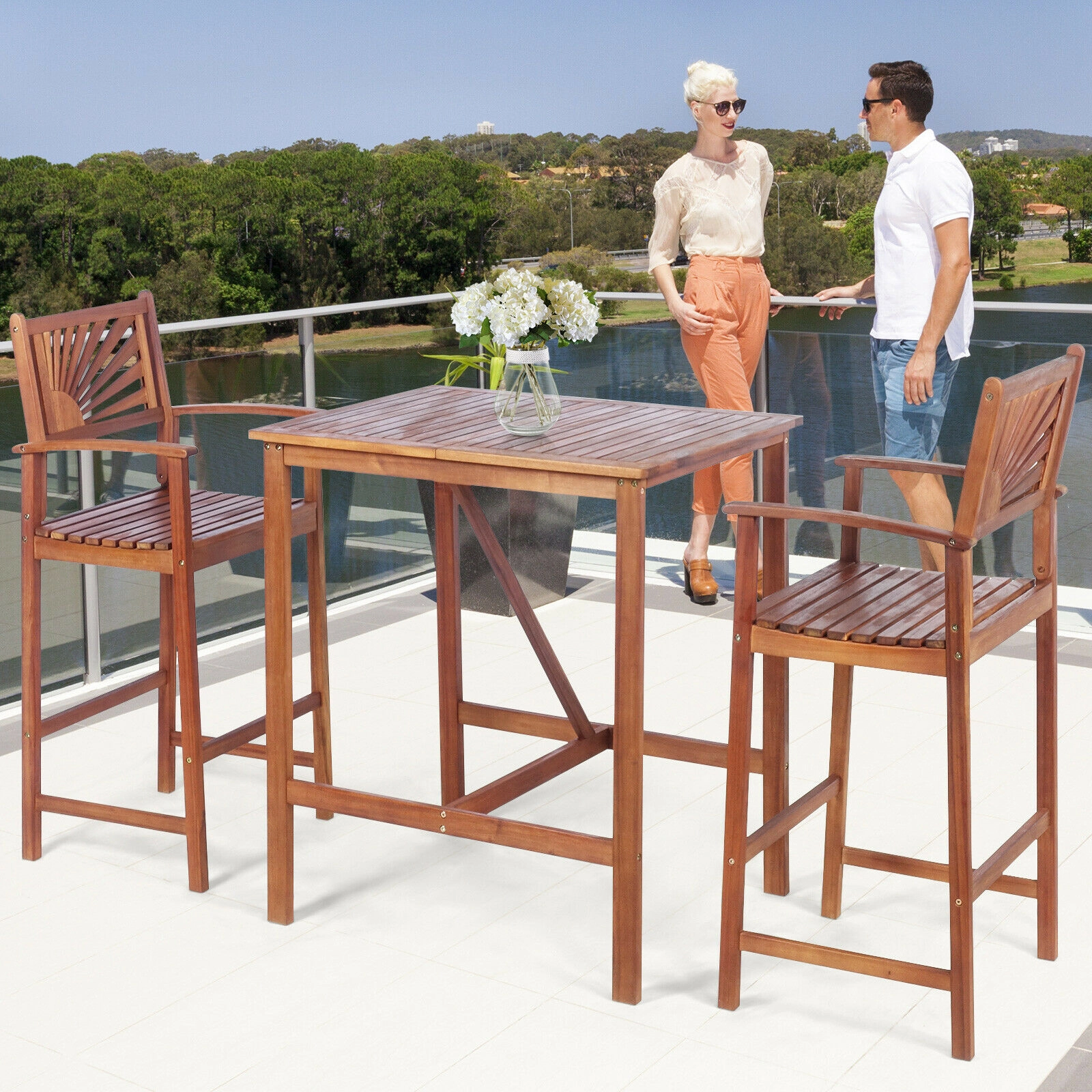SUGIFT 3-Piece Acacia Wood Patio Bar Set, 35.5-Inch Table and 29-Inch Seat Stools