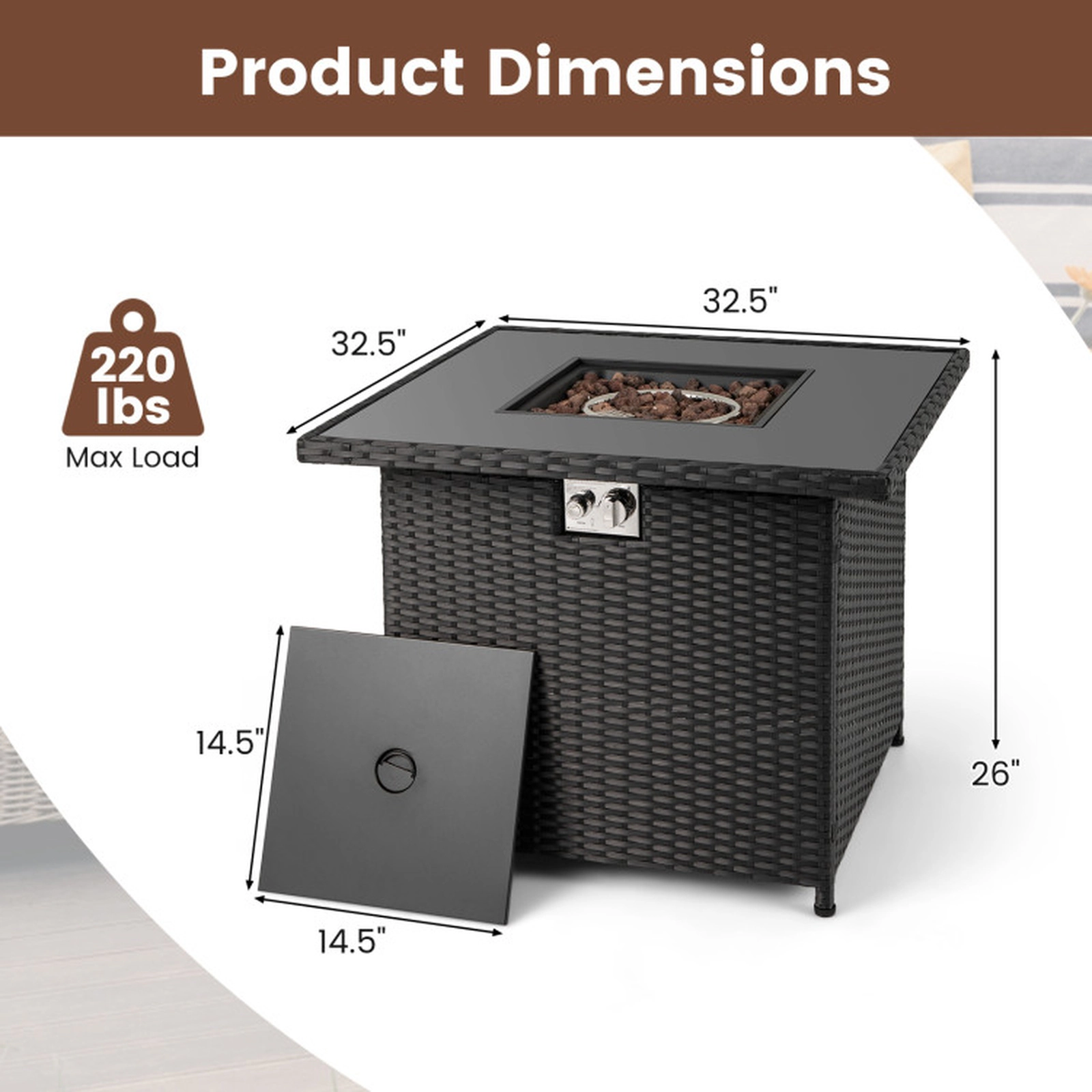 SUGIFT 32.5-Inch 50,000 BTU Propane Fire Pit Table, Tempered Glass, PE Rattan, Tank Door
