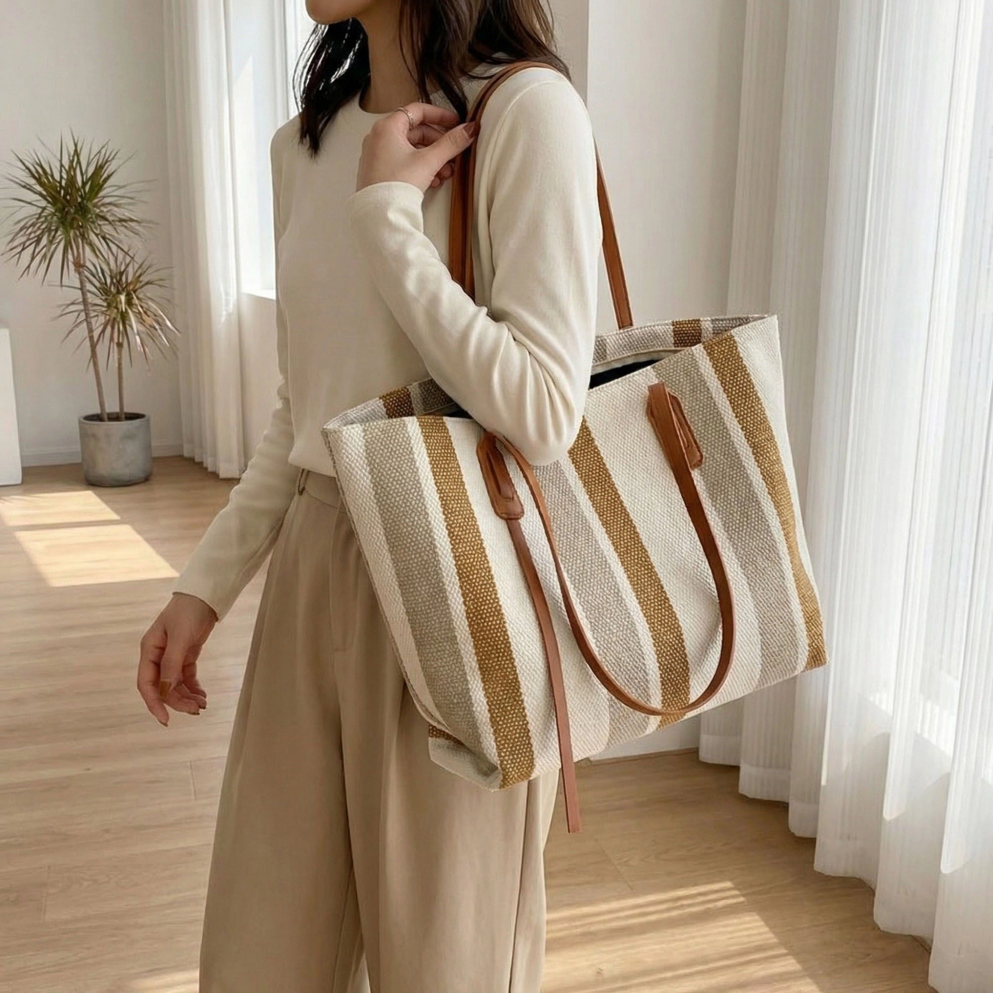 Alilang Women's Striped Canvas Tote Bag with Dual Shoulder Straps and Structured Open Top Design