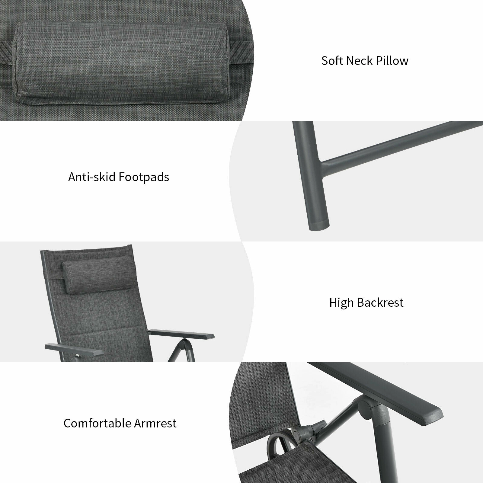 Hivvago Patio Reclining Chaise Lounge With Adjust Neck Pillow-Gray